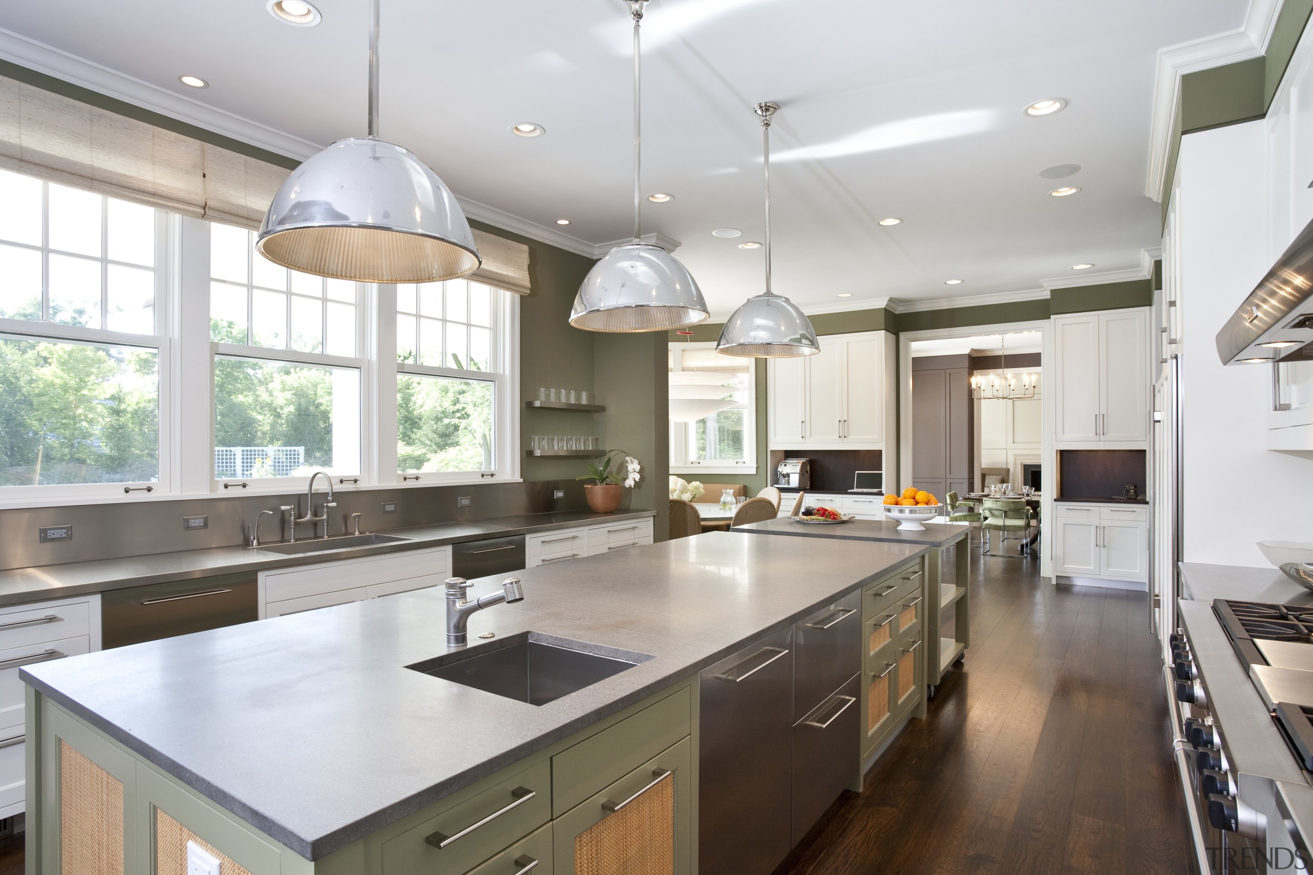 View of the kitchen featuring a custom design ceiling, countertop, cuisine classique, interior design, kitchen, real estate, room, white