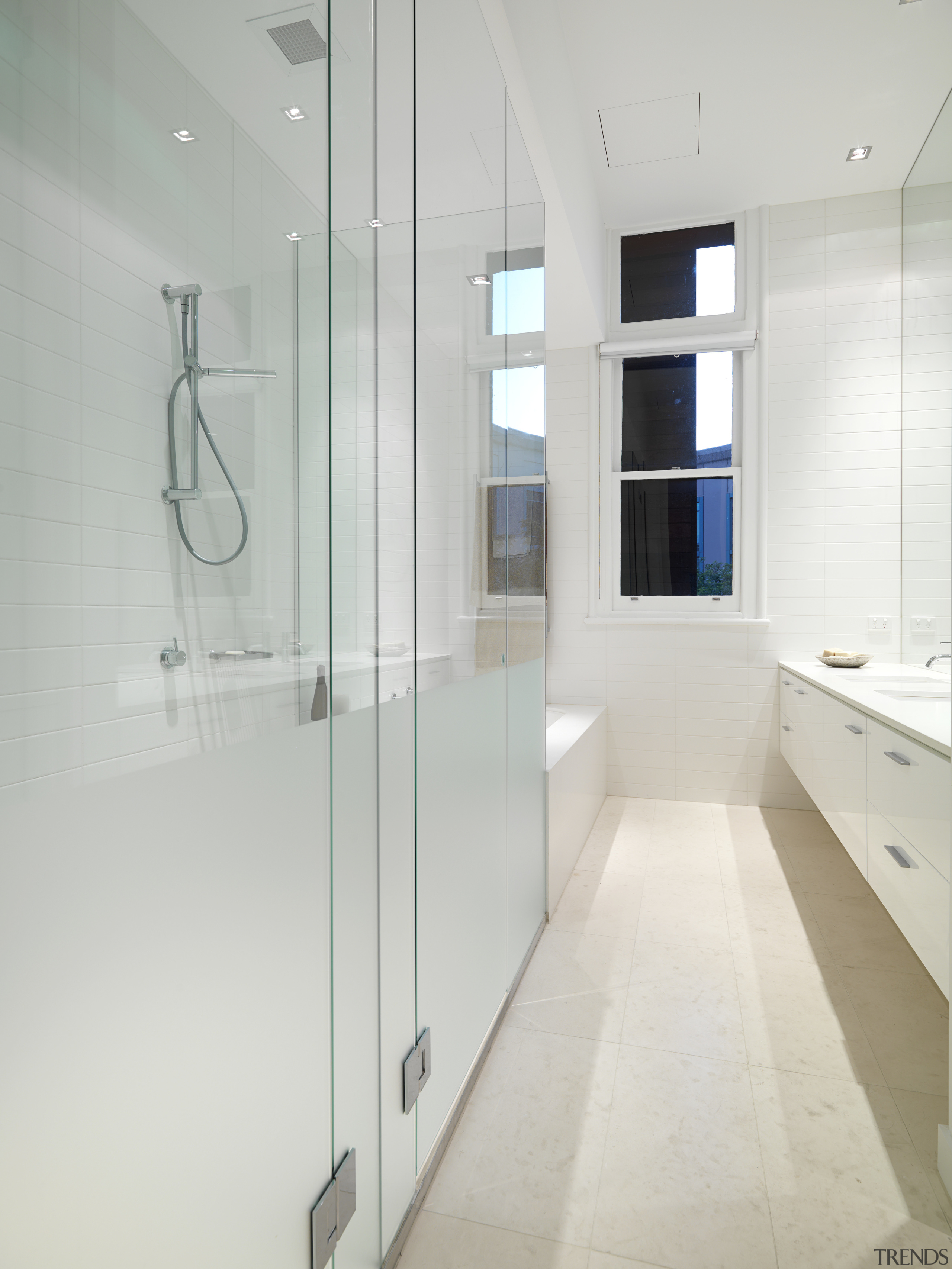 View of one of the 14 new residences bathroom, floor, glass, interior design, sink, tap, white, gray