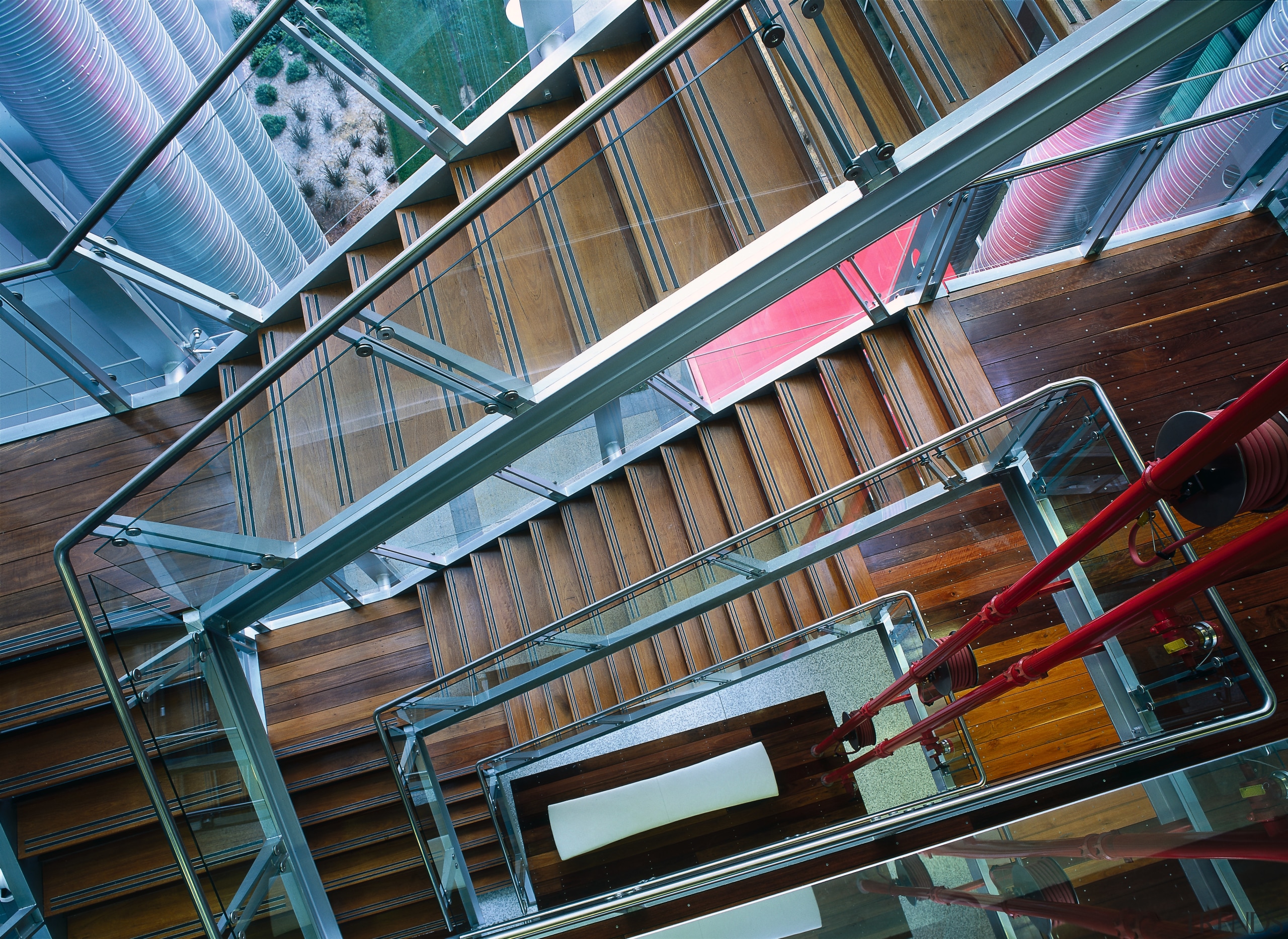 view of the stairway columns - view of architecture, building, daylighting, facade, glass, line, metropolitan area, structure, urban area, black