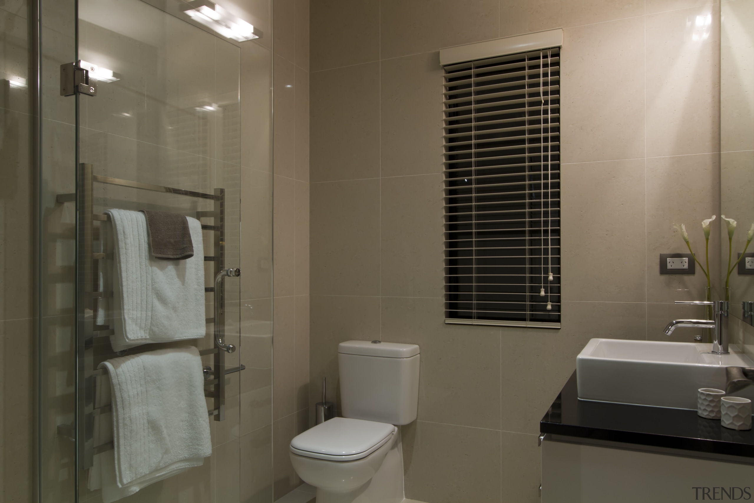 Bathroom with white toilet and towel rail. - bathroom, interior design, property, room, brown