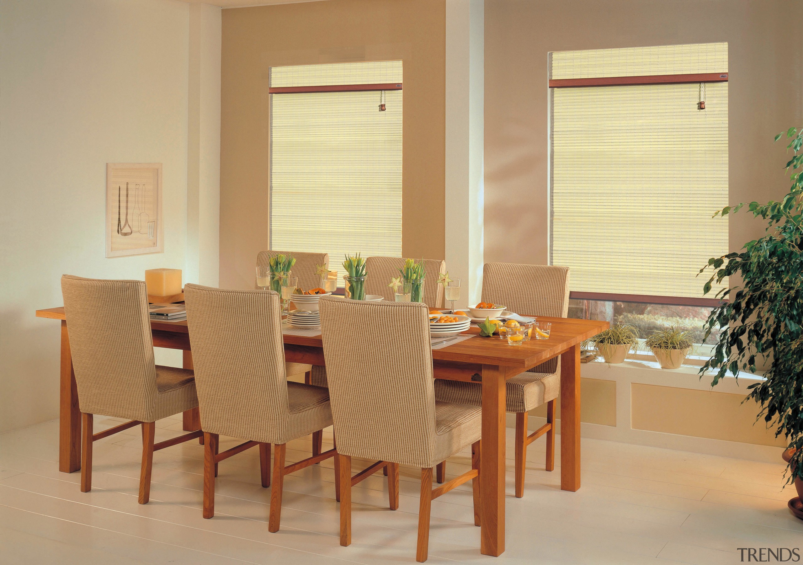 A viewof some dining room blinds from NZ chair, dining room, floor, flooring, furniture, interior design, room, table, window, window blind, window covering, window treatment, wood, orange, brown