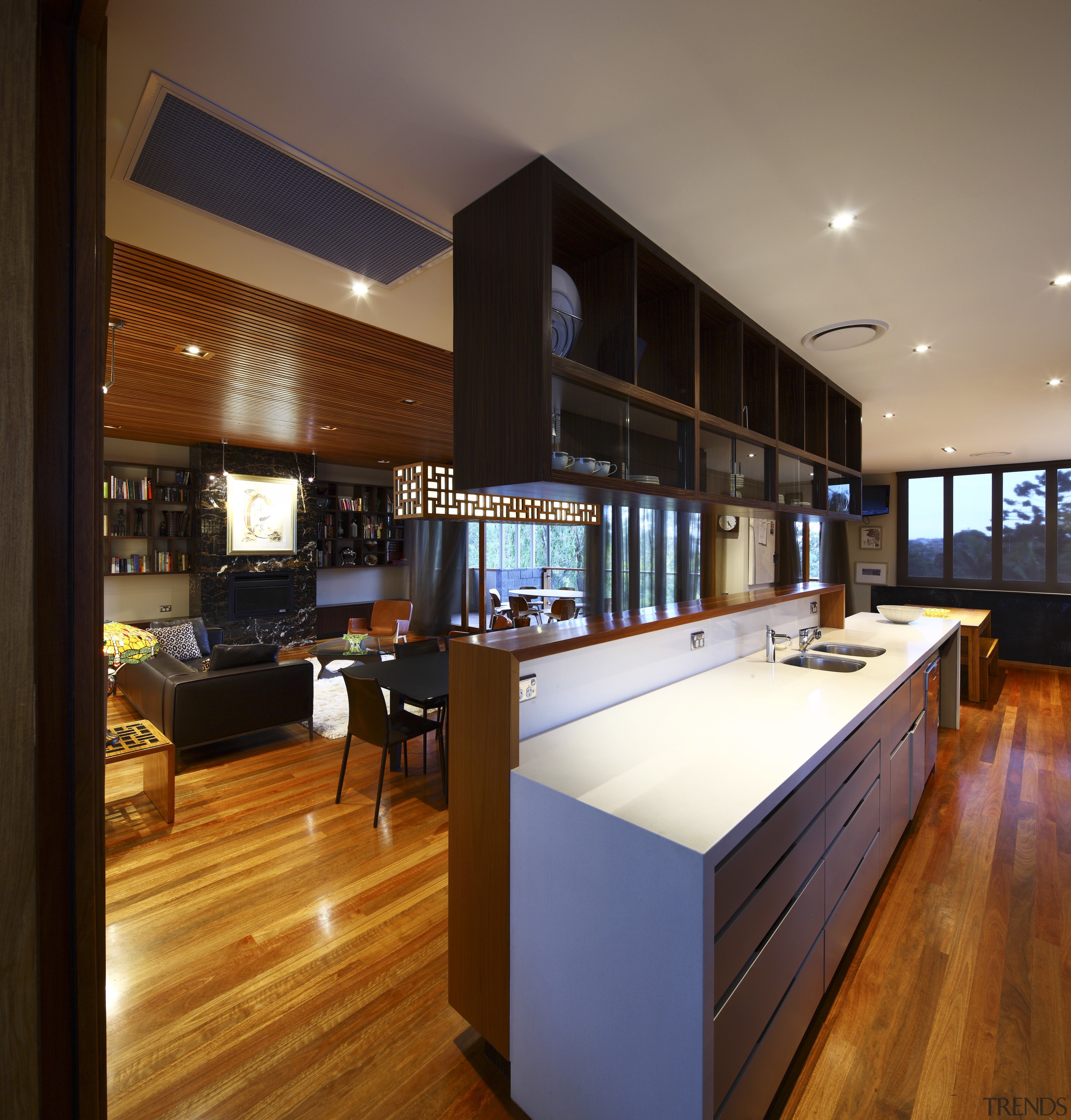View of kitchen with wooden flooring, dark toned ceiling, flooring, interior design, kitchen, real estate, wood, brown
