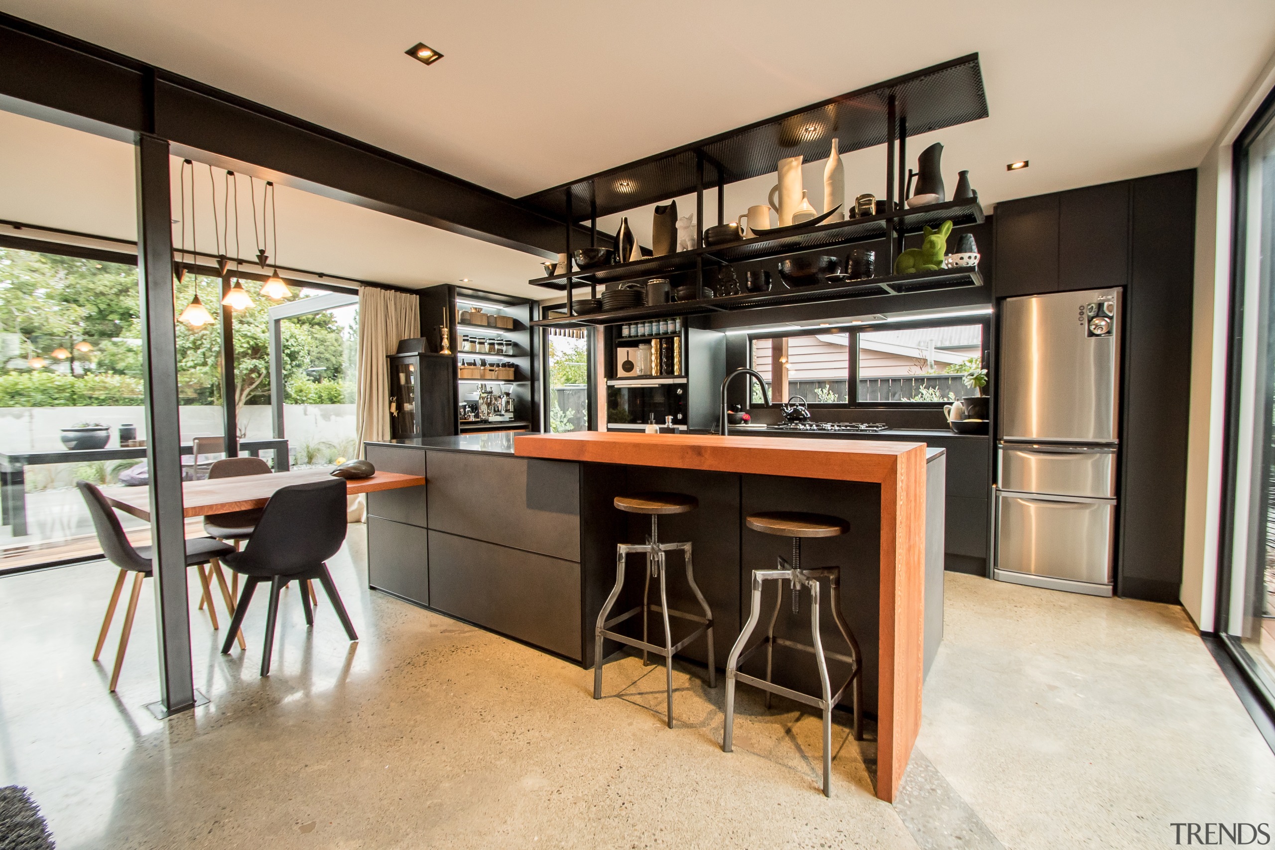 Cupboard doors on the face of the breakfast architecture, building, ceiling, dining room, floor, flooring, furniture, home, house, interior design, kitchen, loft, property, real estate, room, table, white