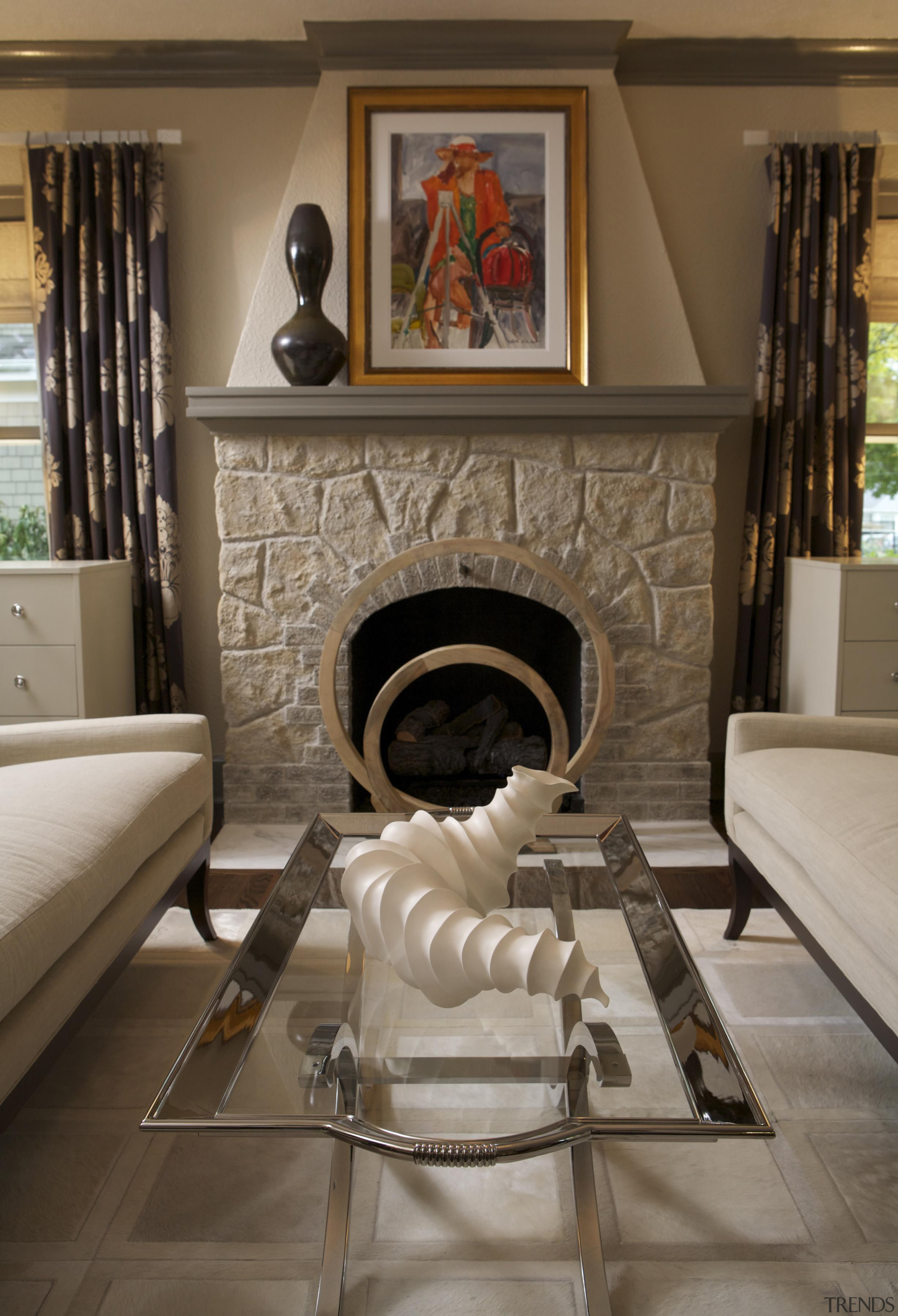 Historic Bungalow Renovation - Living Room Fireplace - chair, fireplace, floor, flooring, furniture, hearth, home, interior design, living room, room, table, wall, brown, black, gray