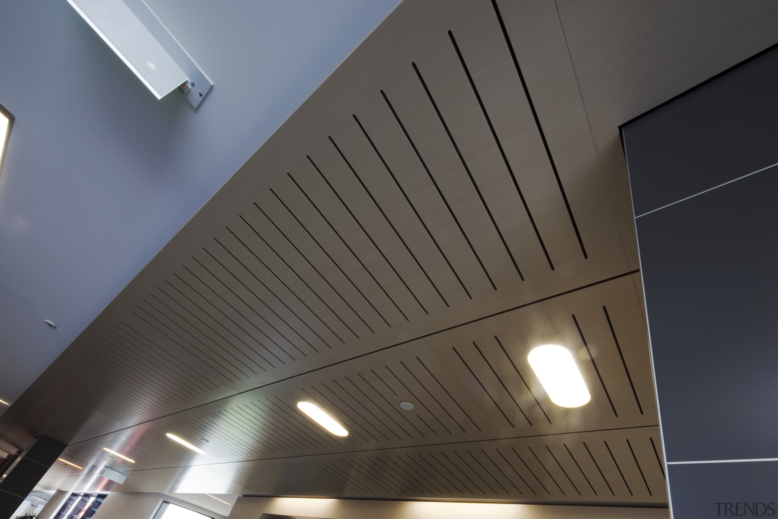 Interior view of the Poshe Centre which features architecture, ceiling, daylighting, daytime, light, lighting, line, product design, black, gray