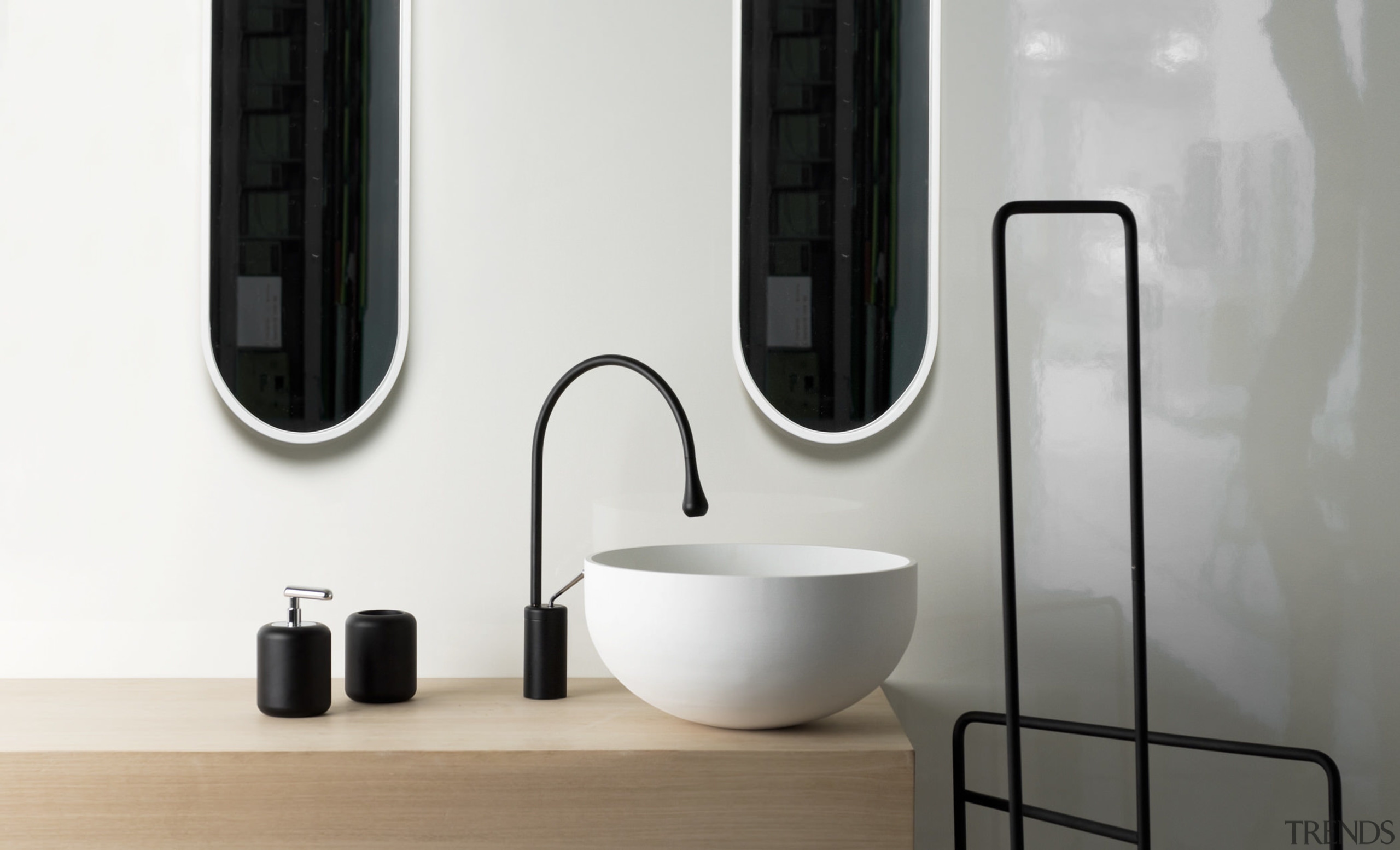 View of contemporary basins. - View of contemporary bathroom, bathroom accessory, ceramic, plumbing fixture, product, product design, small appliance, tap, white
