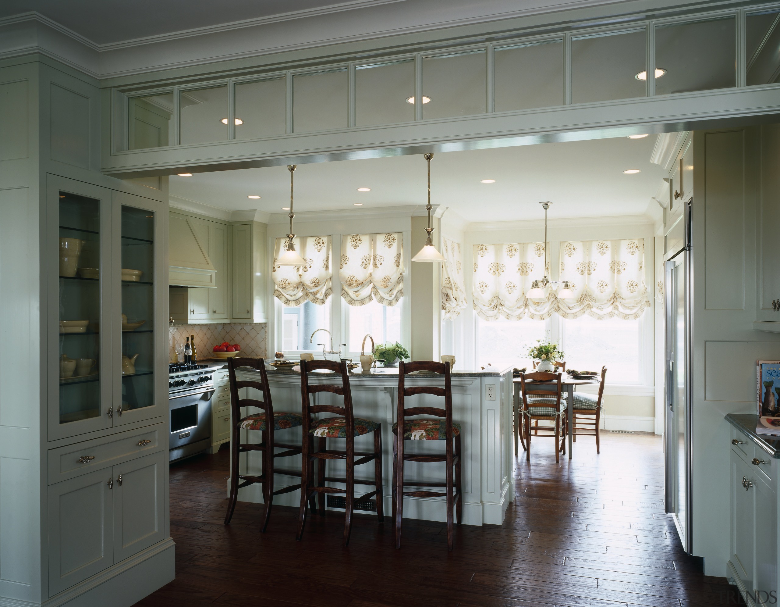 View of the kitchen are, wooden flooring, Transom cabinetry, ceiling, countertop, cuisine classique, dining room, interior design, kitchen, room, table, window, gray, black