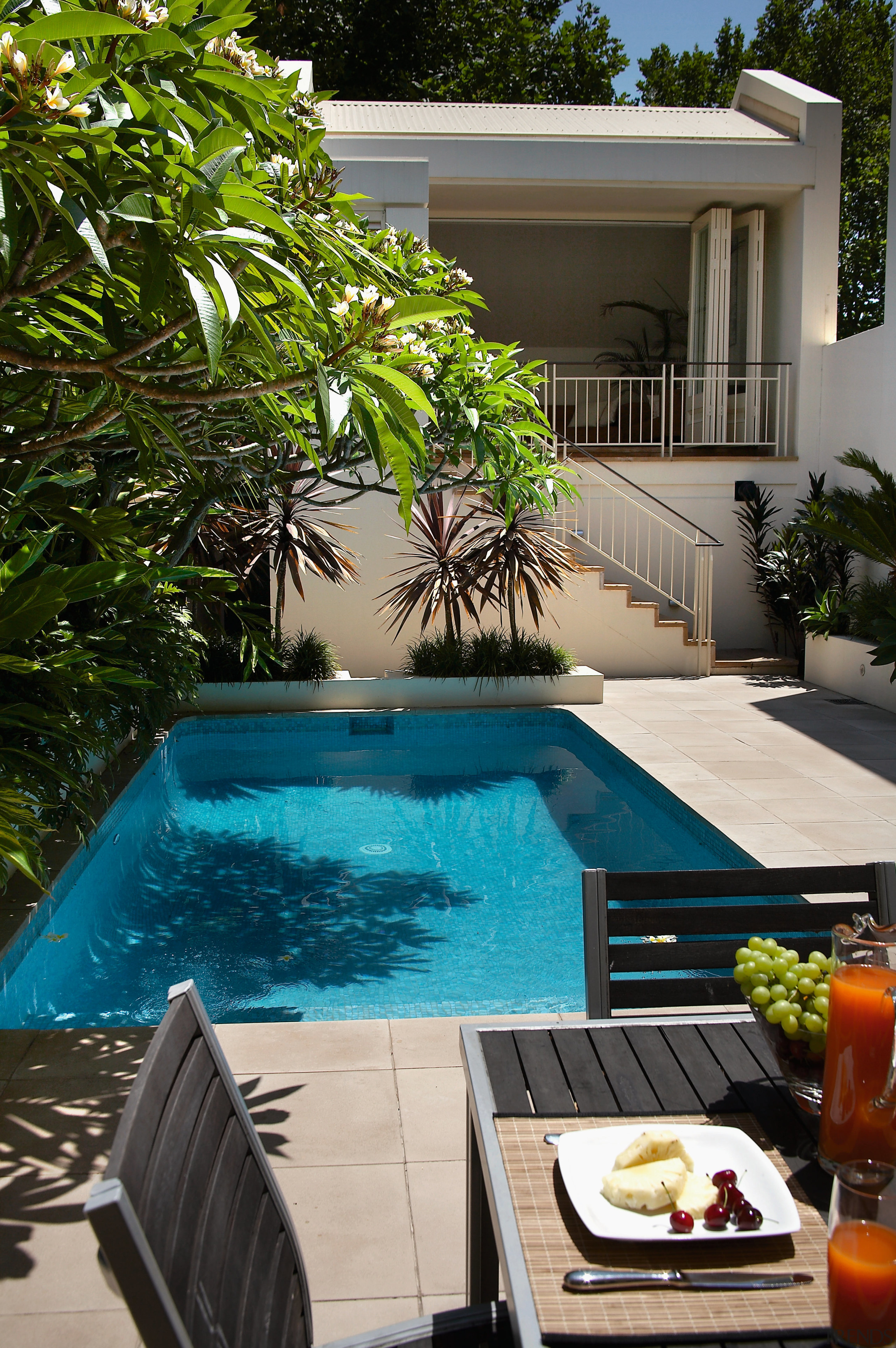 View of this Secluded pool surround by lush arecales, backyard, estate, home, house, leisure, outdoor structure, plant, property, real estate, resort, swimming pool, table, tree, vacation, villa, black