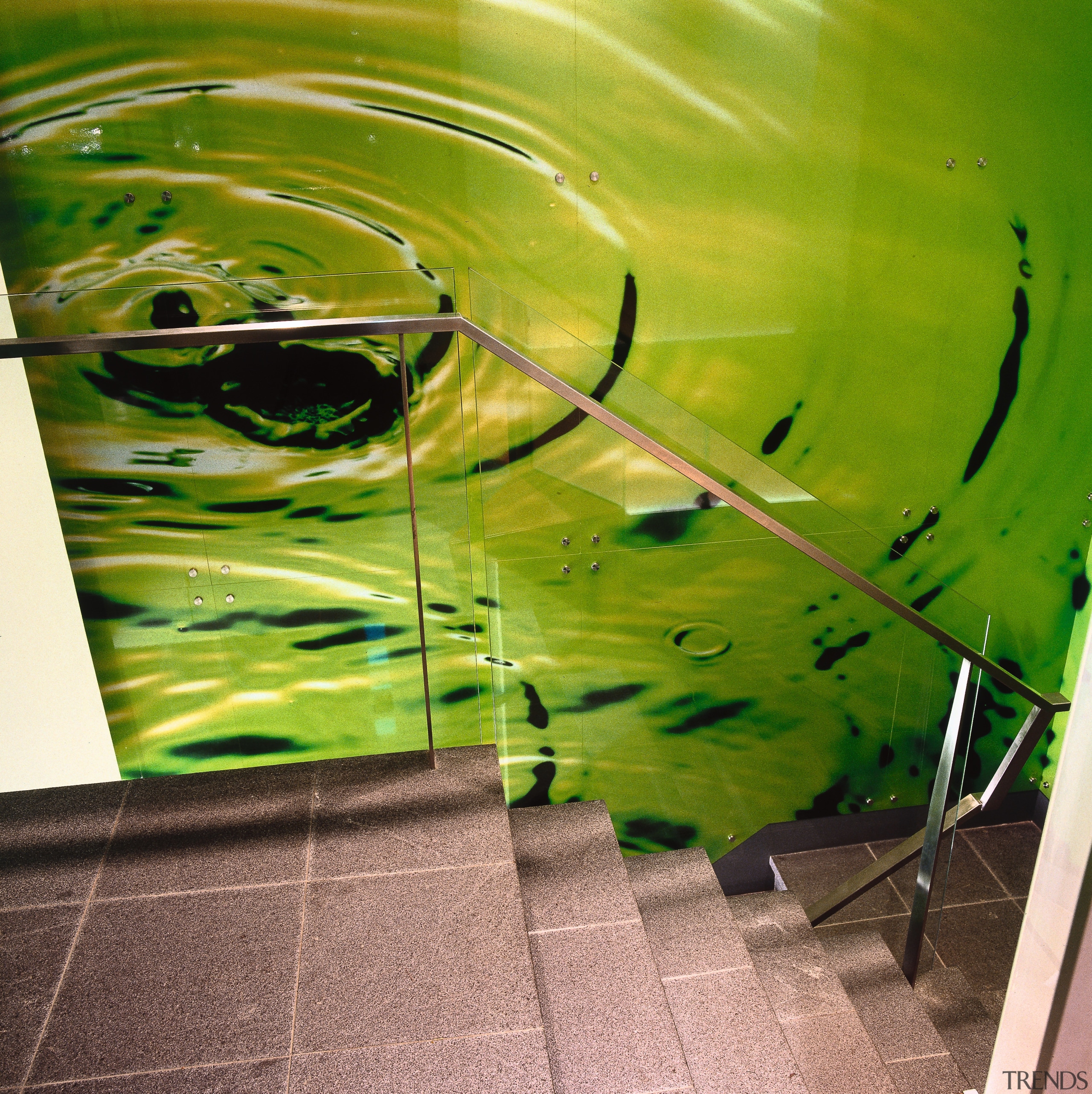 View of tiled steps with green feature wall green, leaf, modern art, wall, water, yellow, green