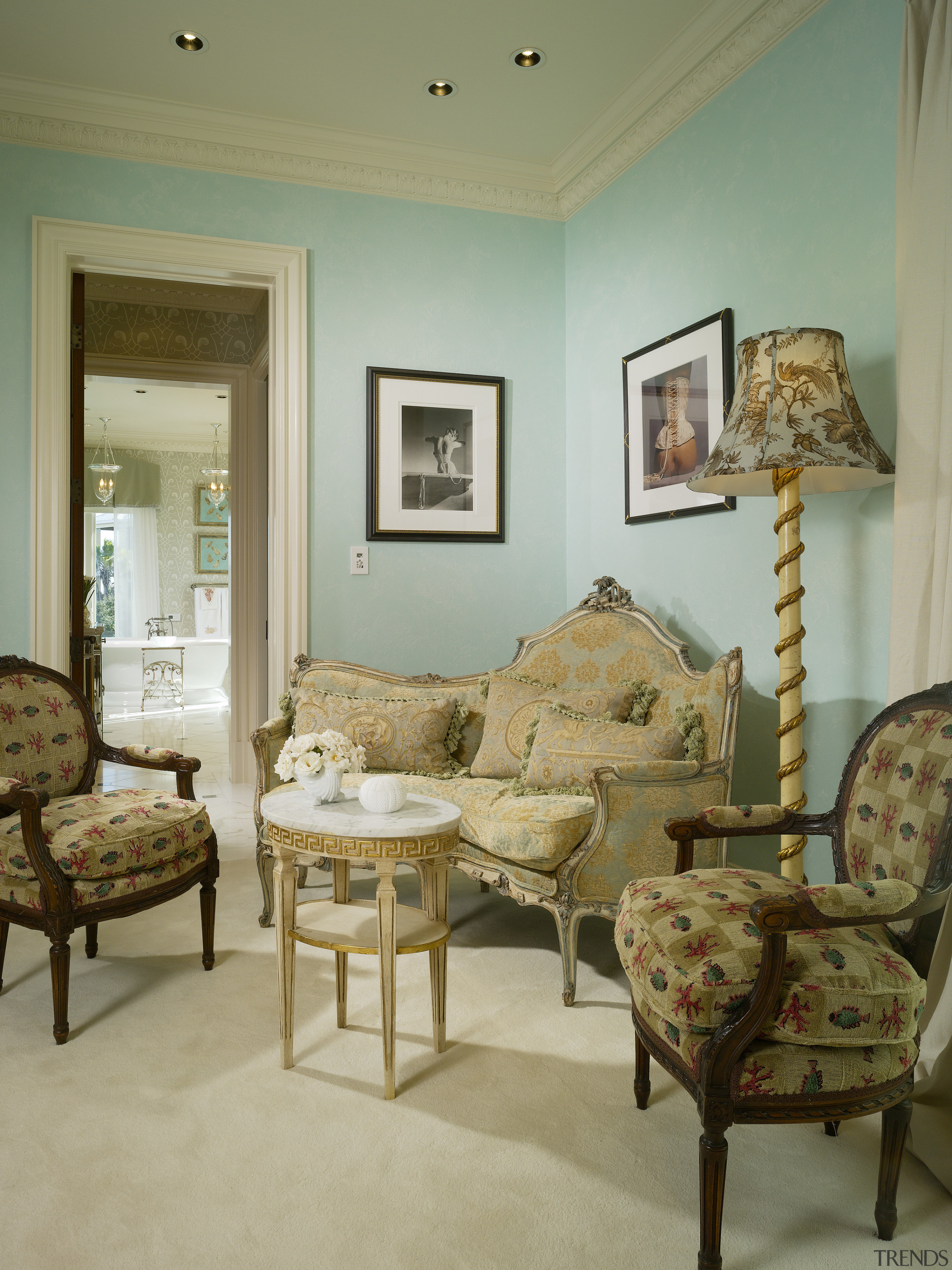 View of upholstered seating in the master bedroom. ceiling, chair, estate, floor, flooring, furniture, home, interior design, living room, room, table, wall, window, brown