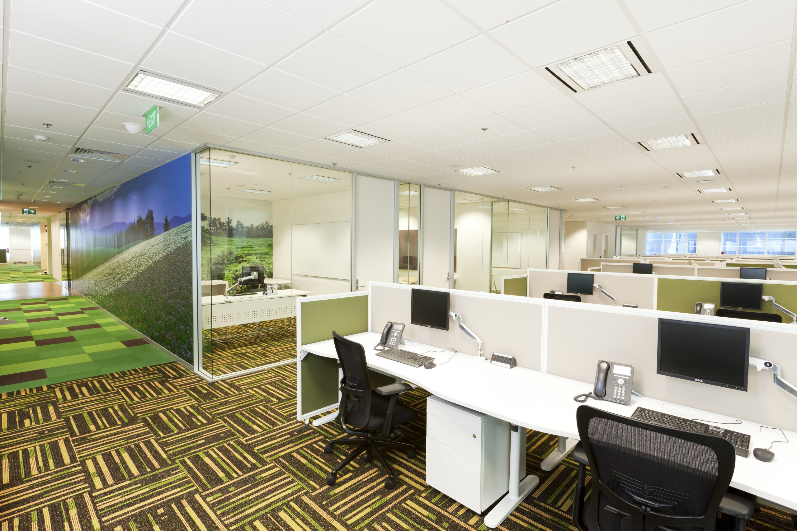 View of a contemporary corporate space with decorative ceiling, conference hall, interior design, office, real estate, white