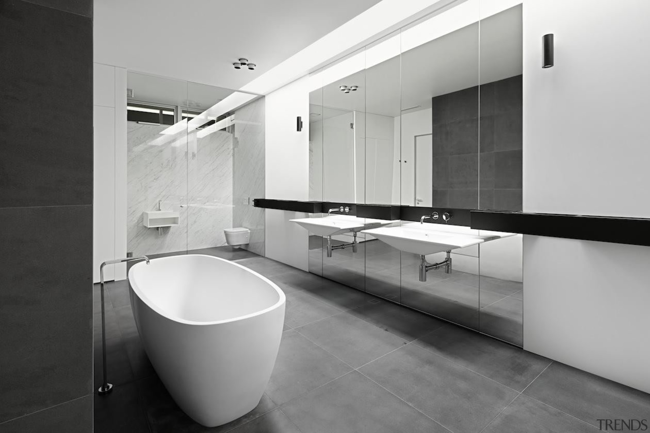 Craig Steere Architects – Highly Commended architecture, bathroom, black and white, floor, interior design, plumbing fixture, product design, room, sink, tap, tile, gray, black