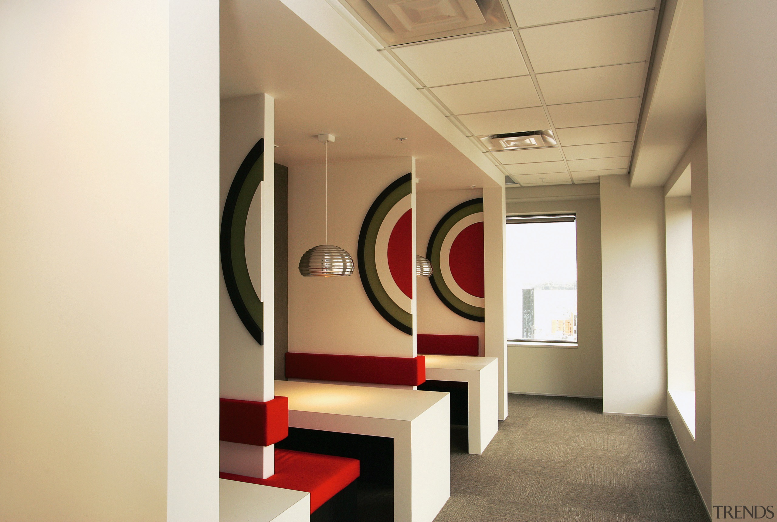 Mini breakout areas in office with graphic bulls-eye ceiling, interior design, lobby, white, orange