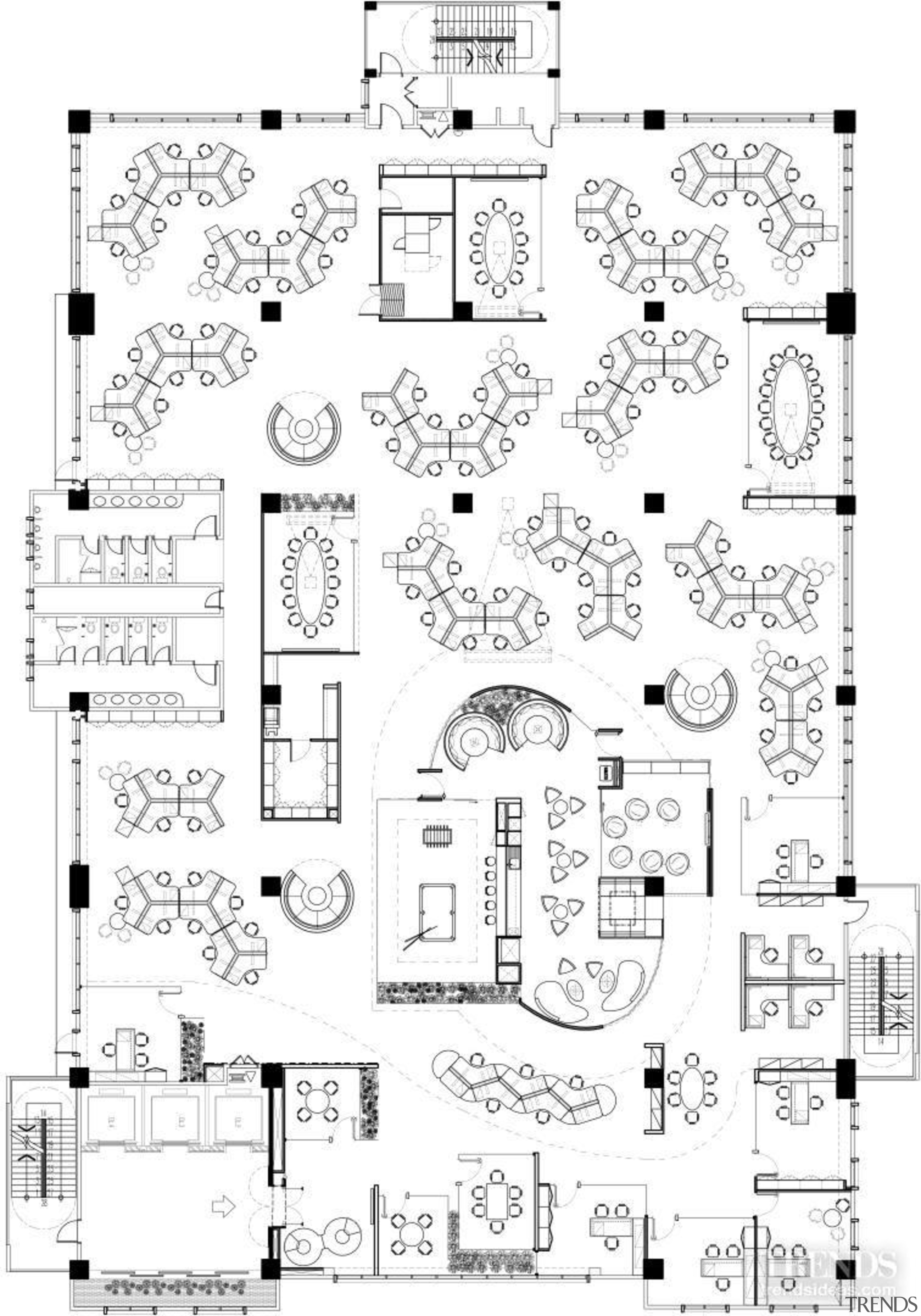 Approximately 150 workstations are positioned around the perimeter area, artwork, black and white, design, diagram, drawing, floor plan, font, line, line art, monochrome, pattern, plan, product, schematic, technical drawing, text, white