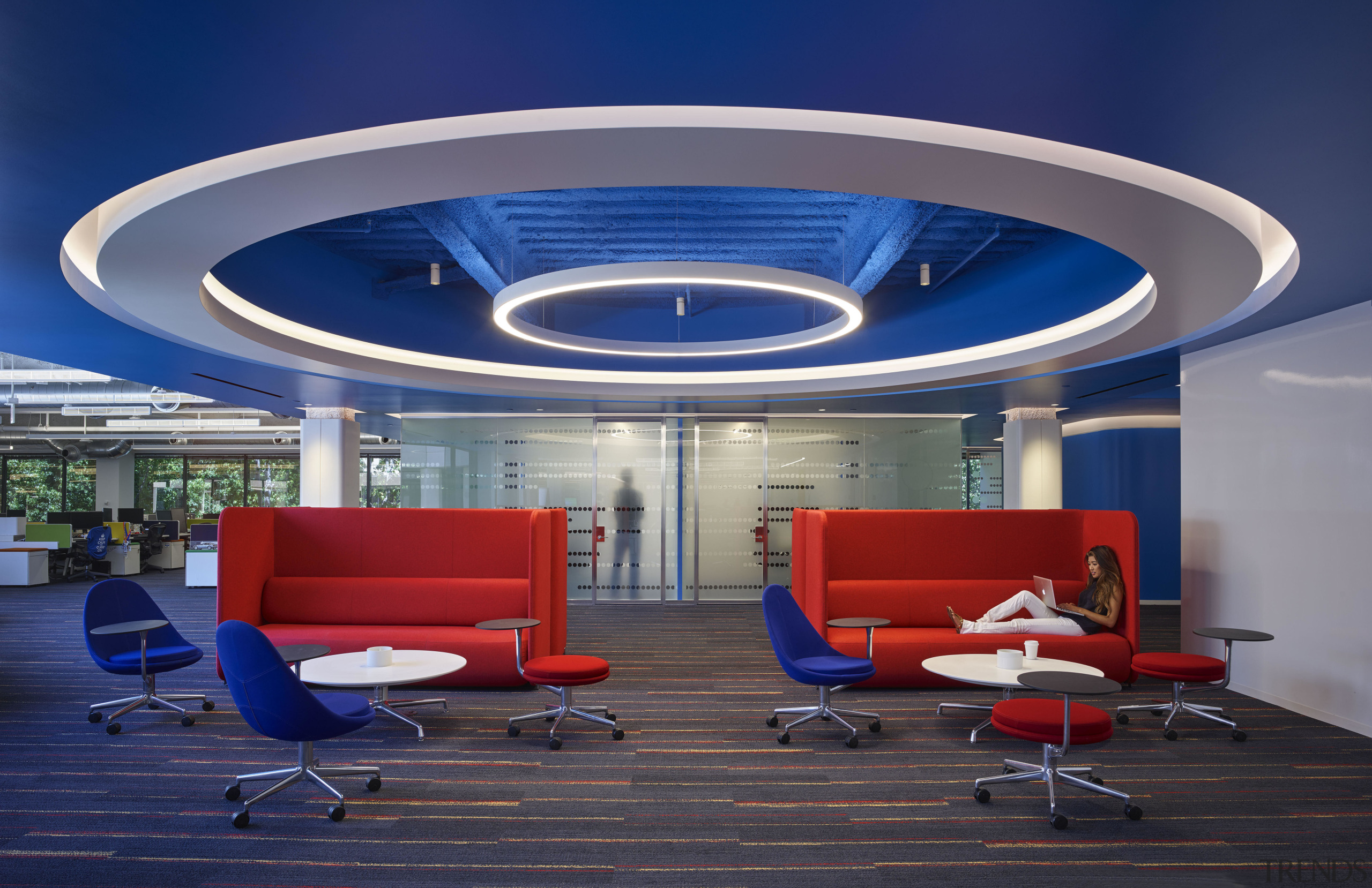 This breakout/lounge area on the first floor of architecture, ceiling, daylighting, interior design, lighting, product design, blue