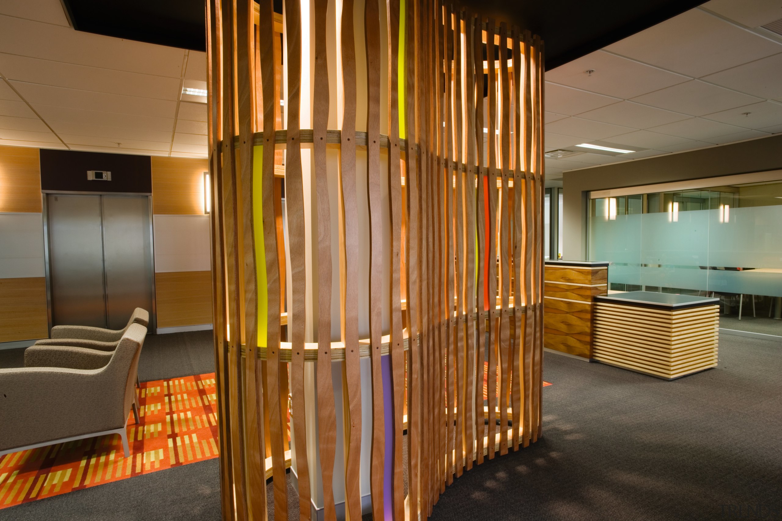 A view of the reception area in some architecture, ceiling, flooring, furniture, interior design, lobby, wall, brown