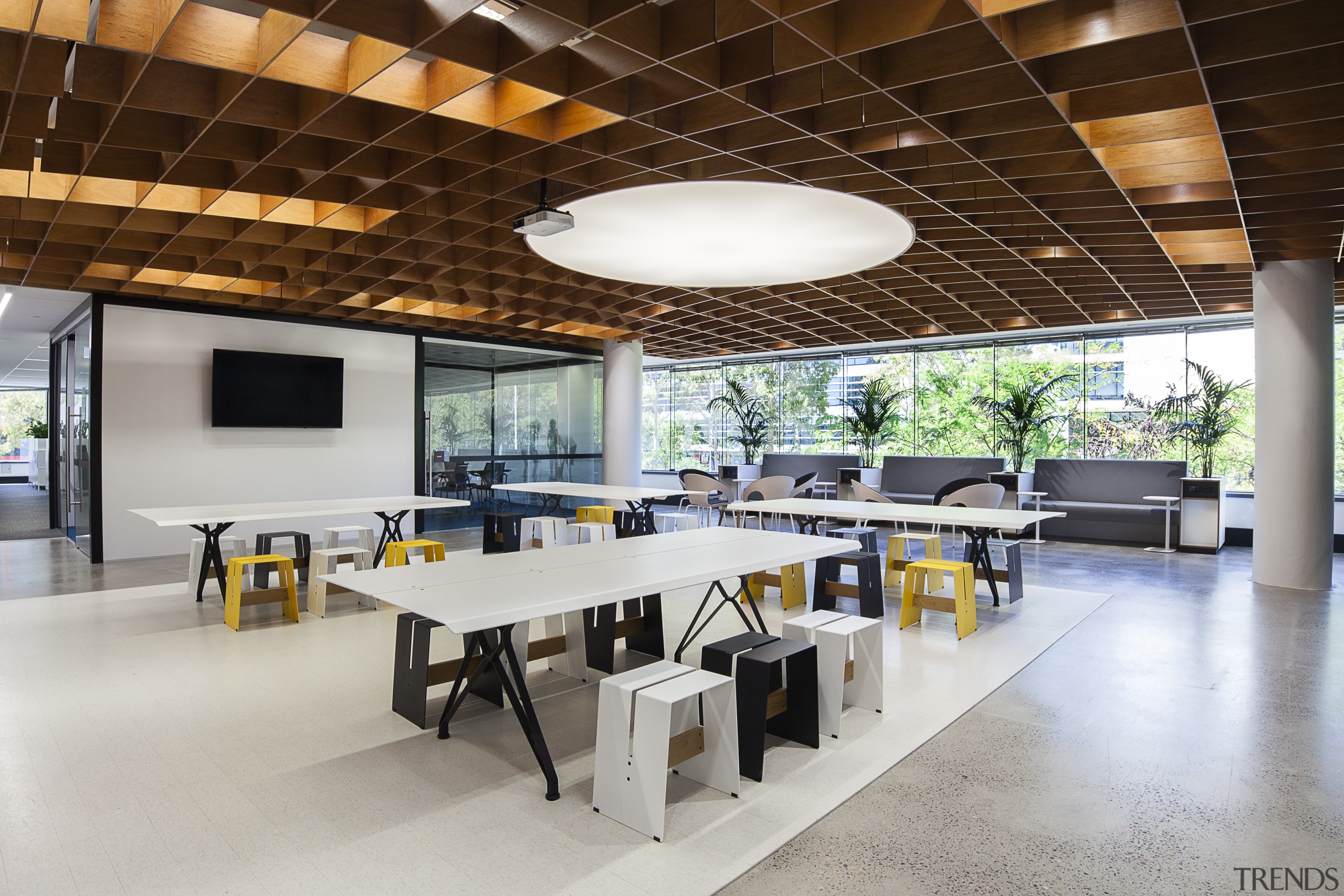 Large tables and casual seating for informal meetings architecture, interior design, real estate, table, gray, brown