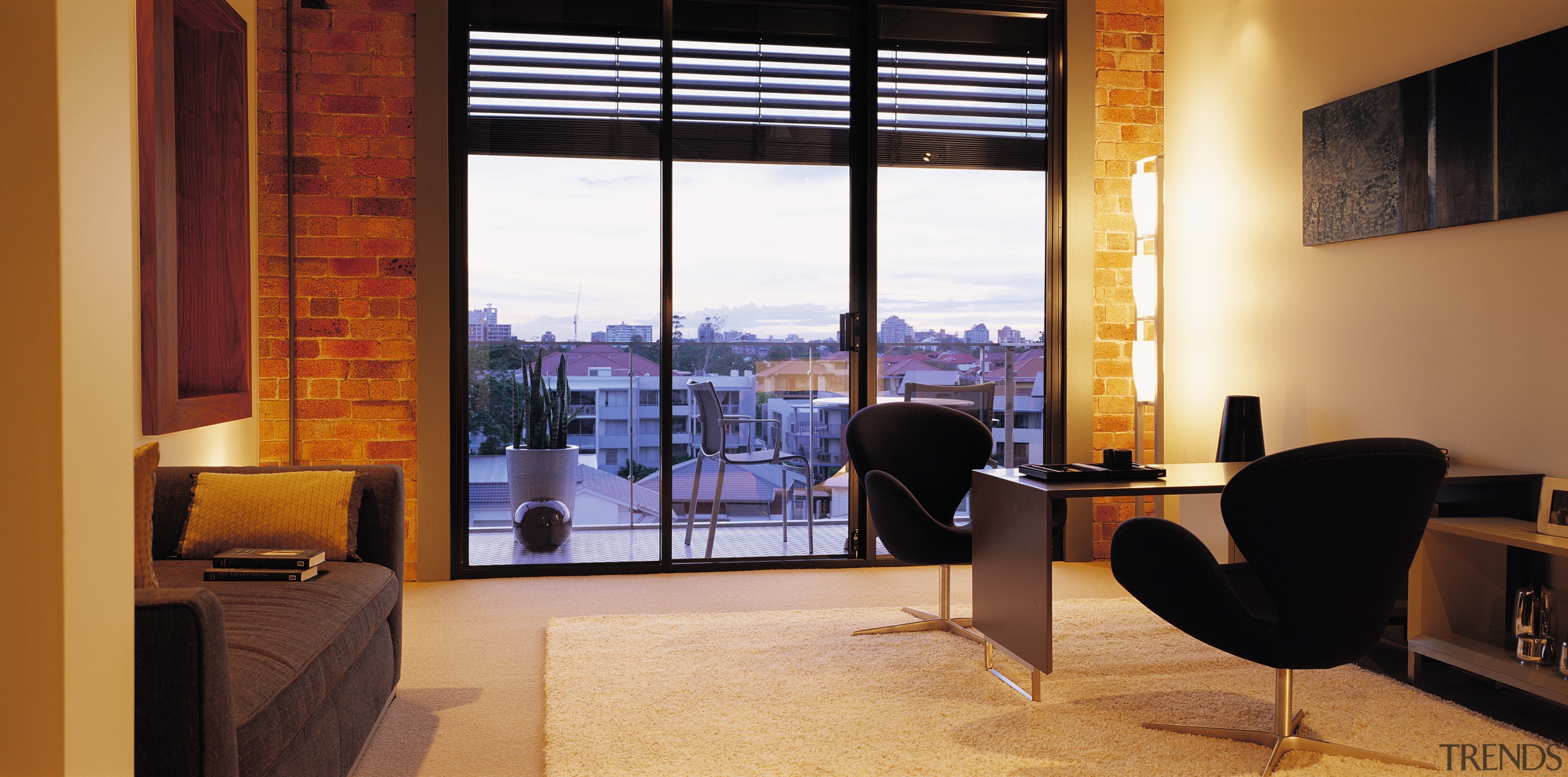 A view of a study area, crea carpet apartment, interior design, room, window, black, orange