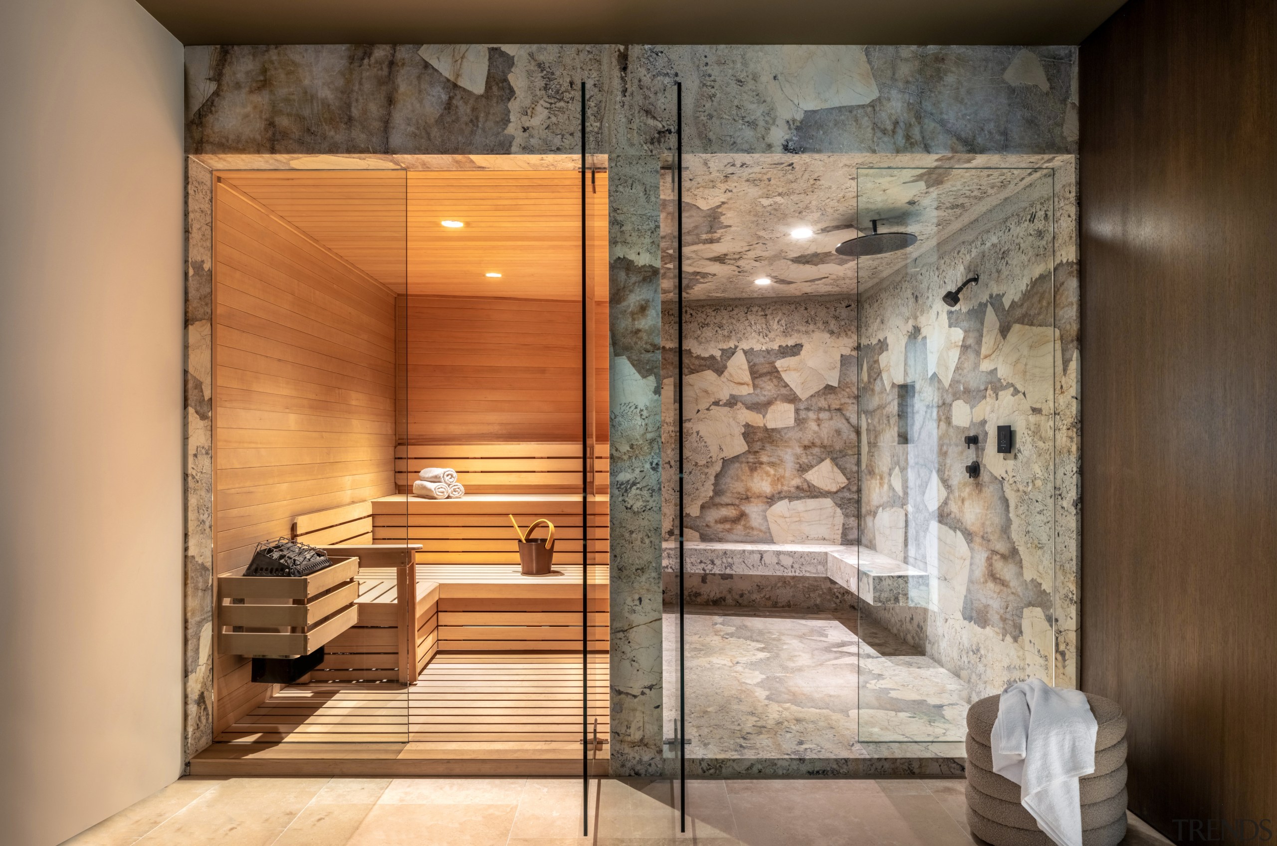 Shower and sauna employing earthy materials – stone 