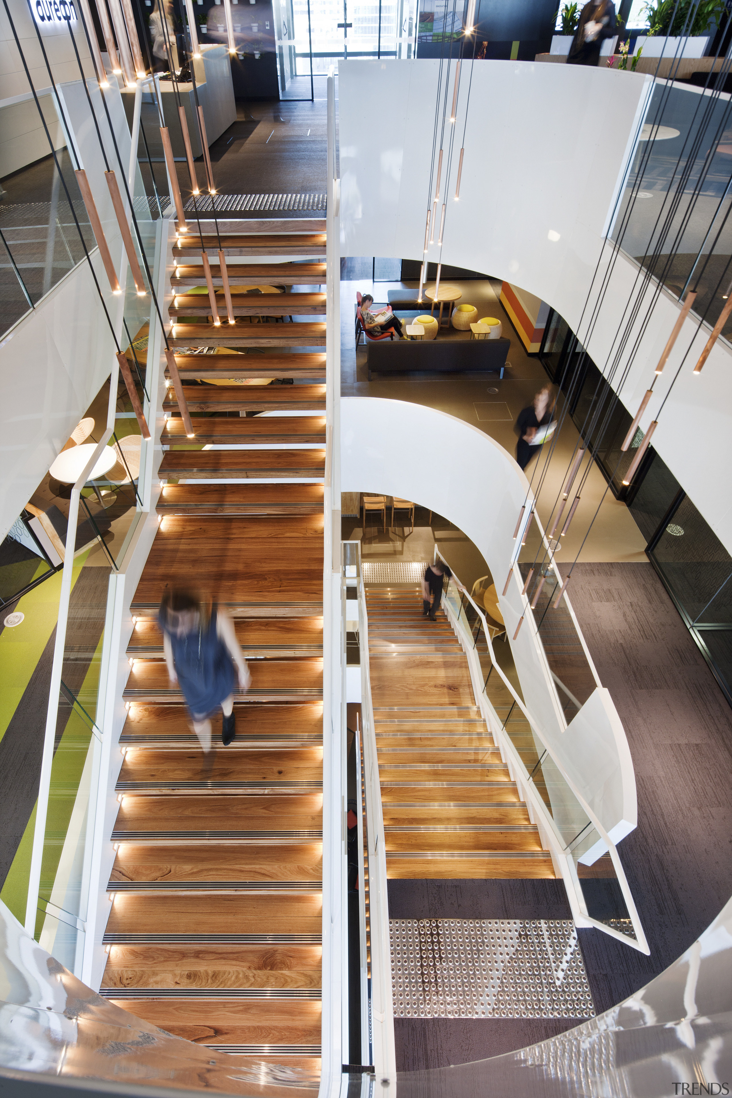 The wide stair in the Aurecon building posed architecture, building, furniture, interior design, product design, stairs, wood, gray