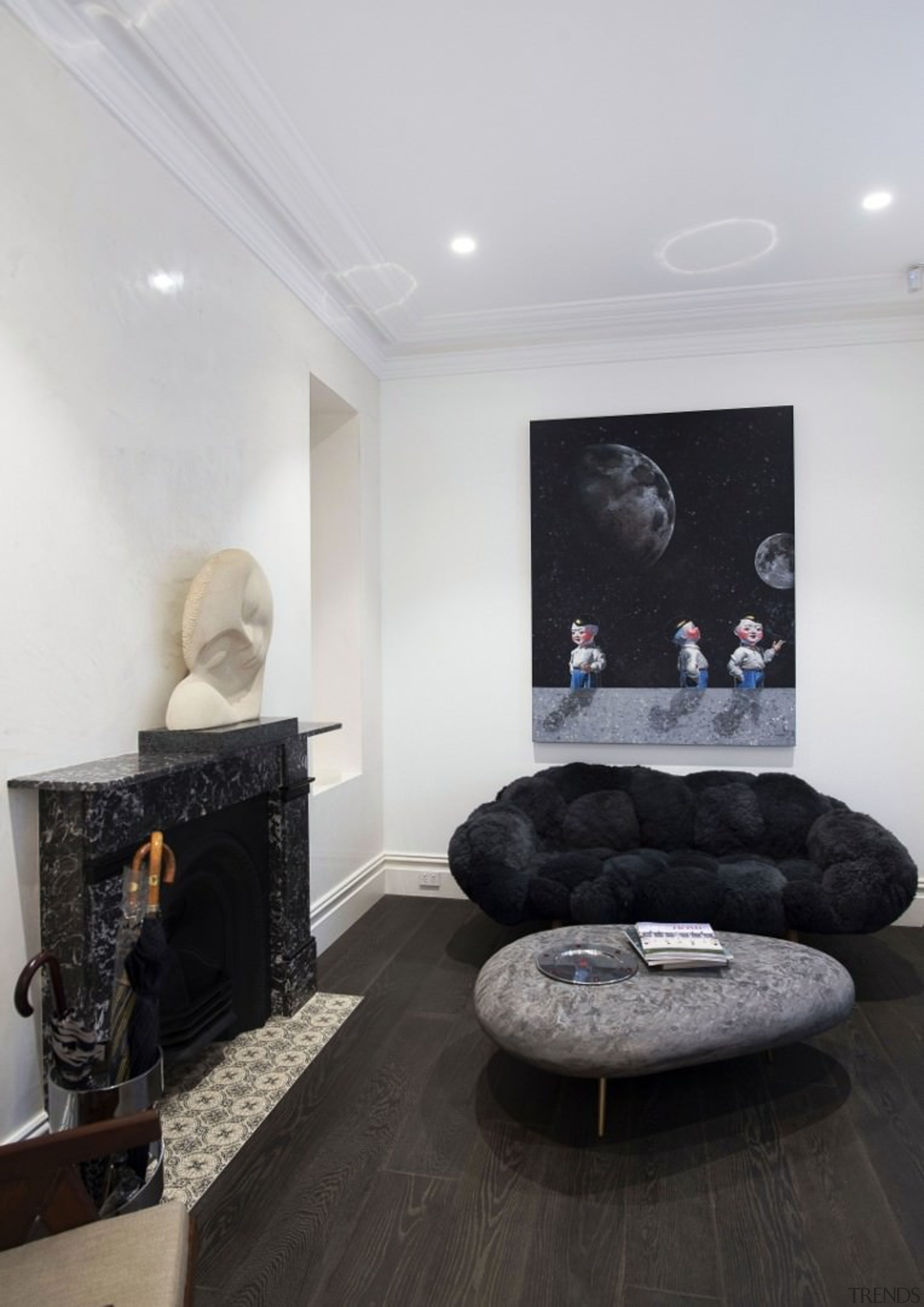 TIDA AU 2017 – Architect-designed renovation winner – ceiling, floor, flooring, hearth, home, house, interior design, living room, property, room, wall, gray, black