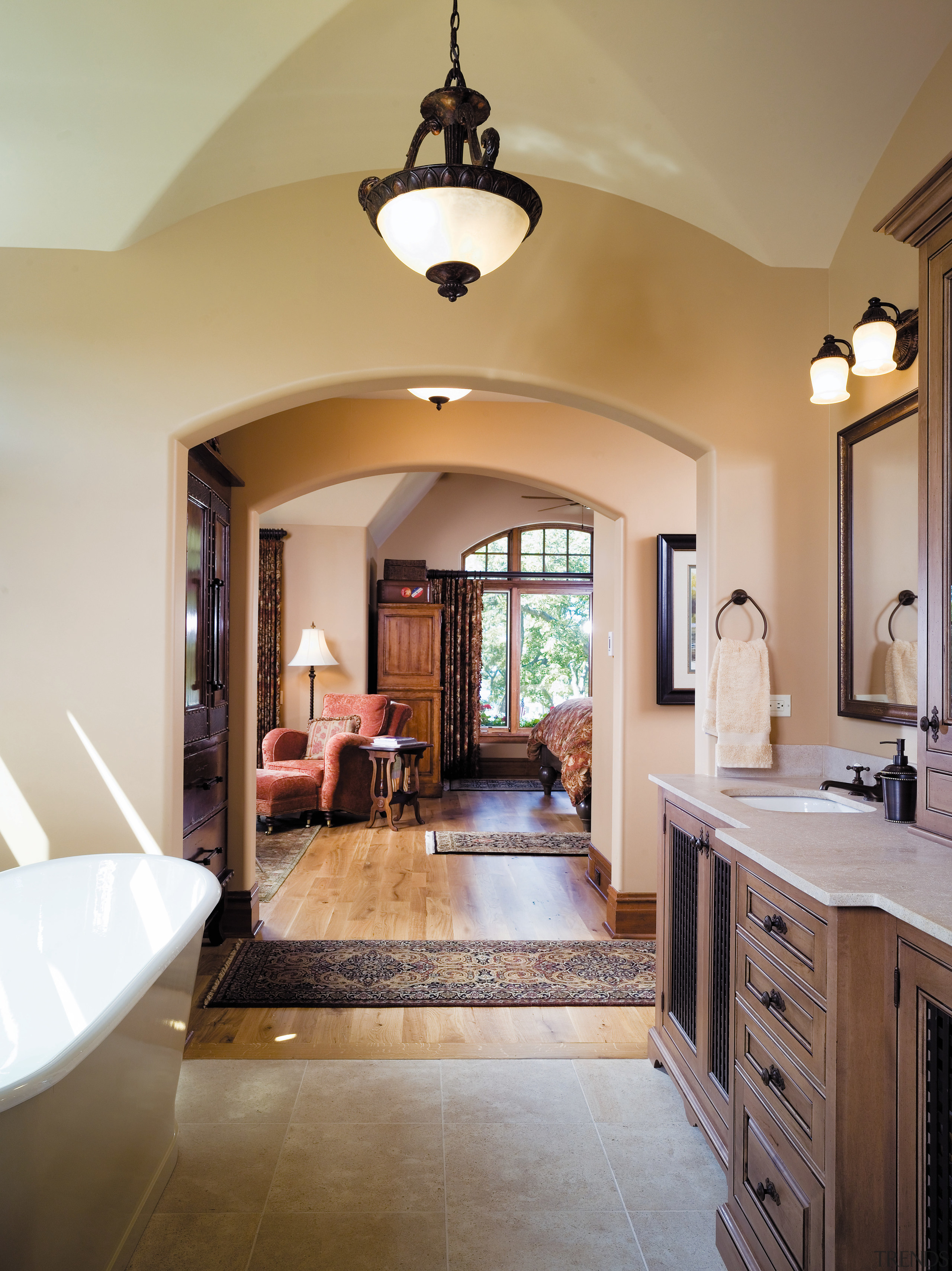 A view of a bathroom. - A view bathroom, ceiling, countertop, daylighting, estate, floor, flooring, hardwood, home, interior design, living room, real estate, room, window, wood flooring, gray, brown