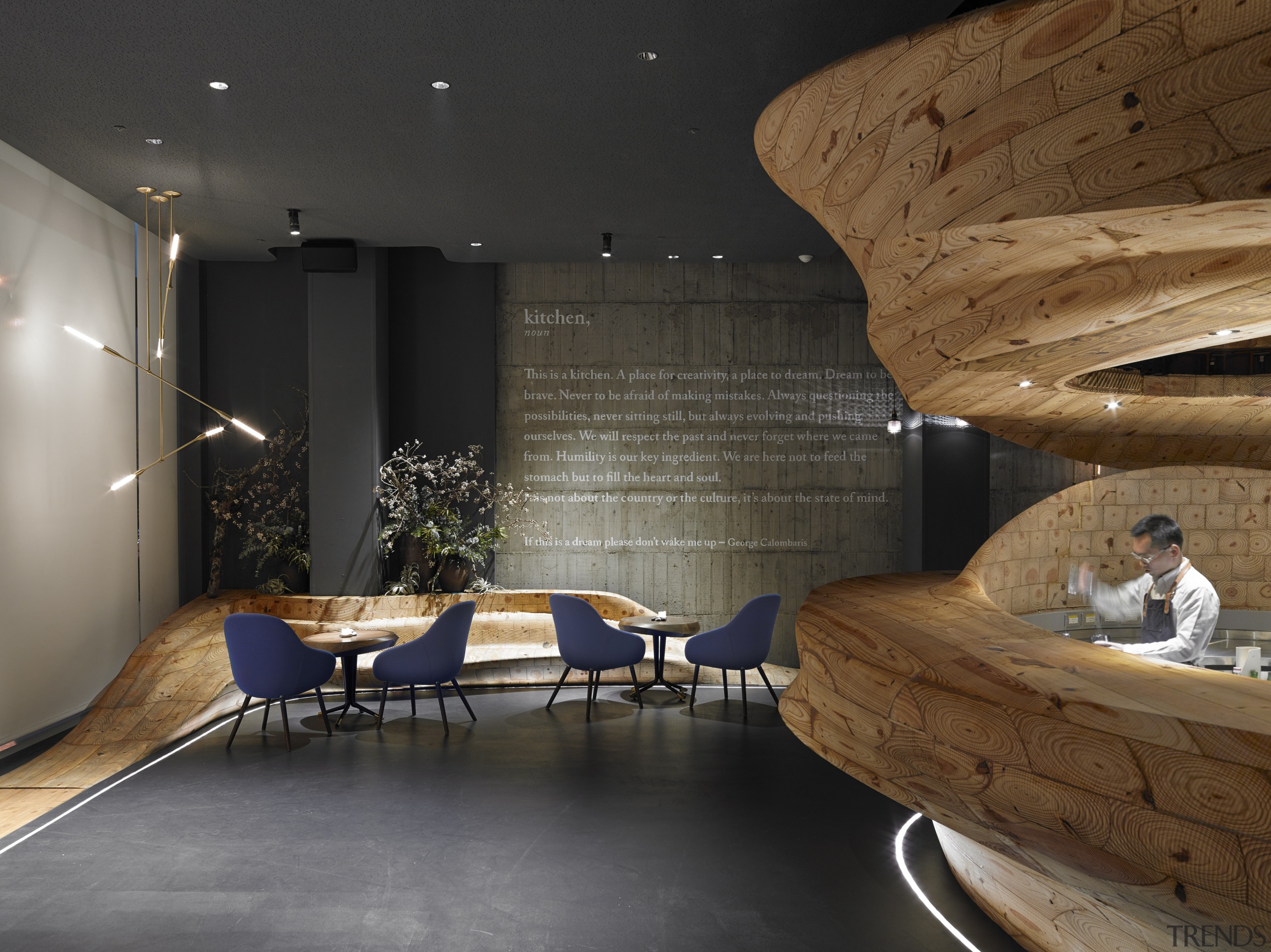 The centrepiece of Raw restaurant in Taipei is architecture, ceiling, floor, furniture, interior design, lobby, wood, black, brown