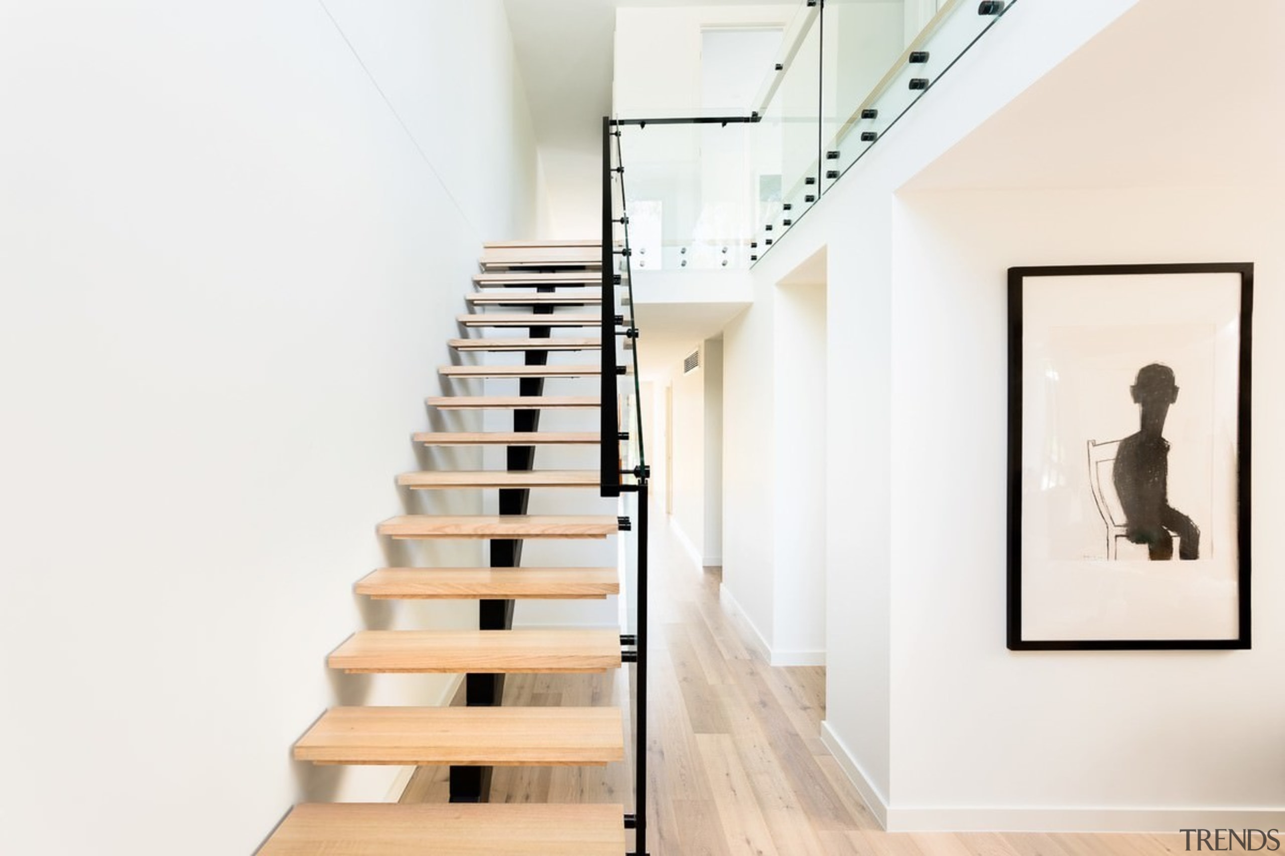 Glass balustrades serve to showcase the staircase - exhibition, handrail, interior design, product design, stairs, white