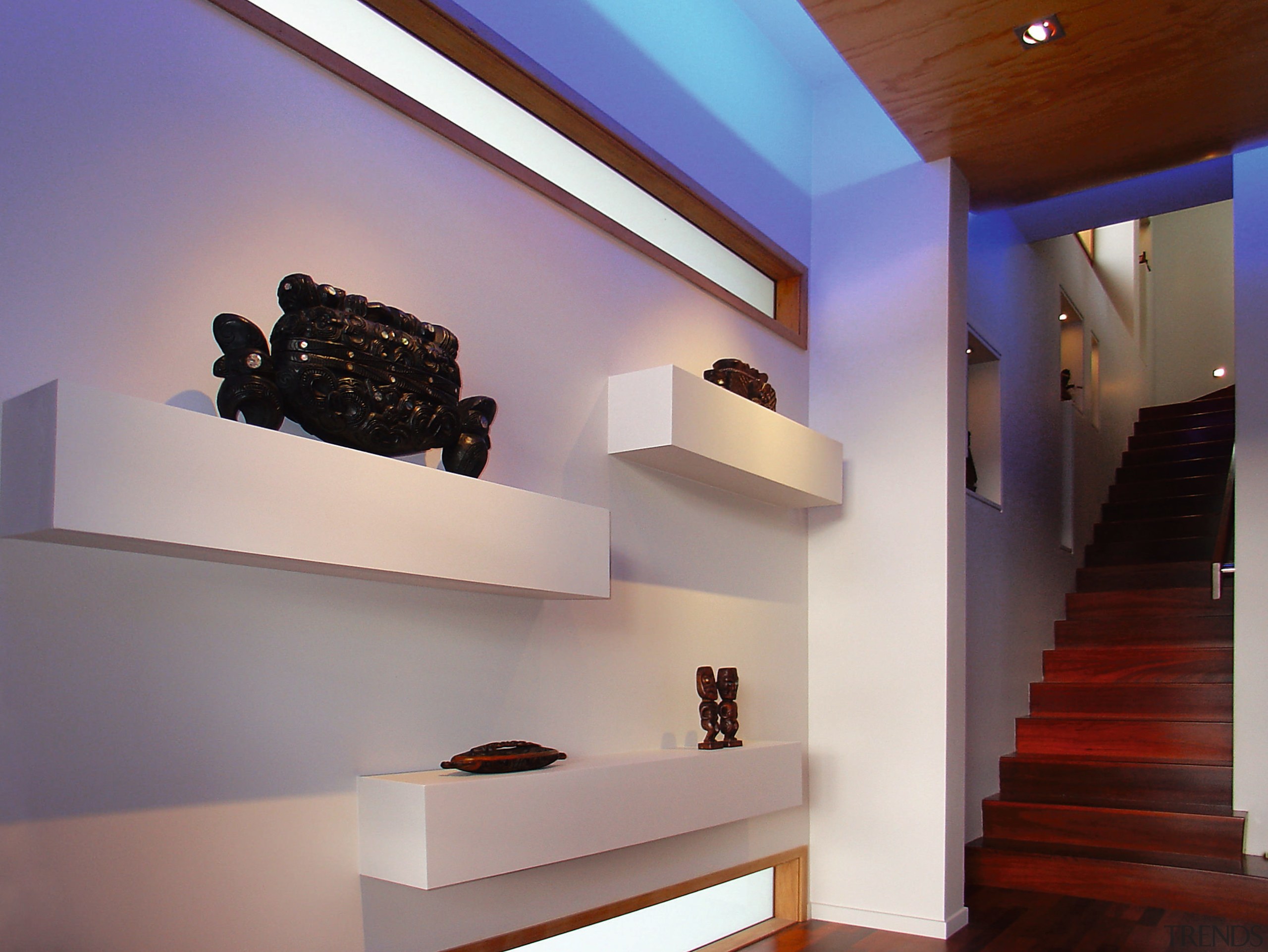 view of this display wall in this home, architecture, ceiling, daylighting, home, house, interior design, stairs, gray