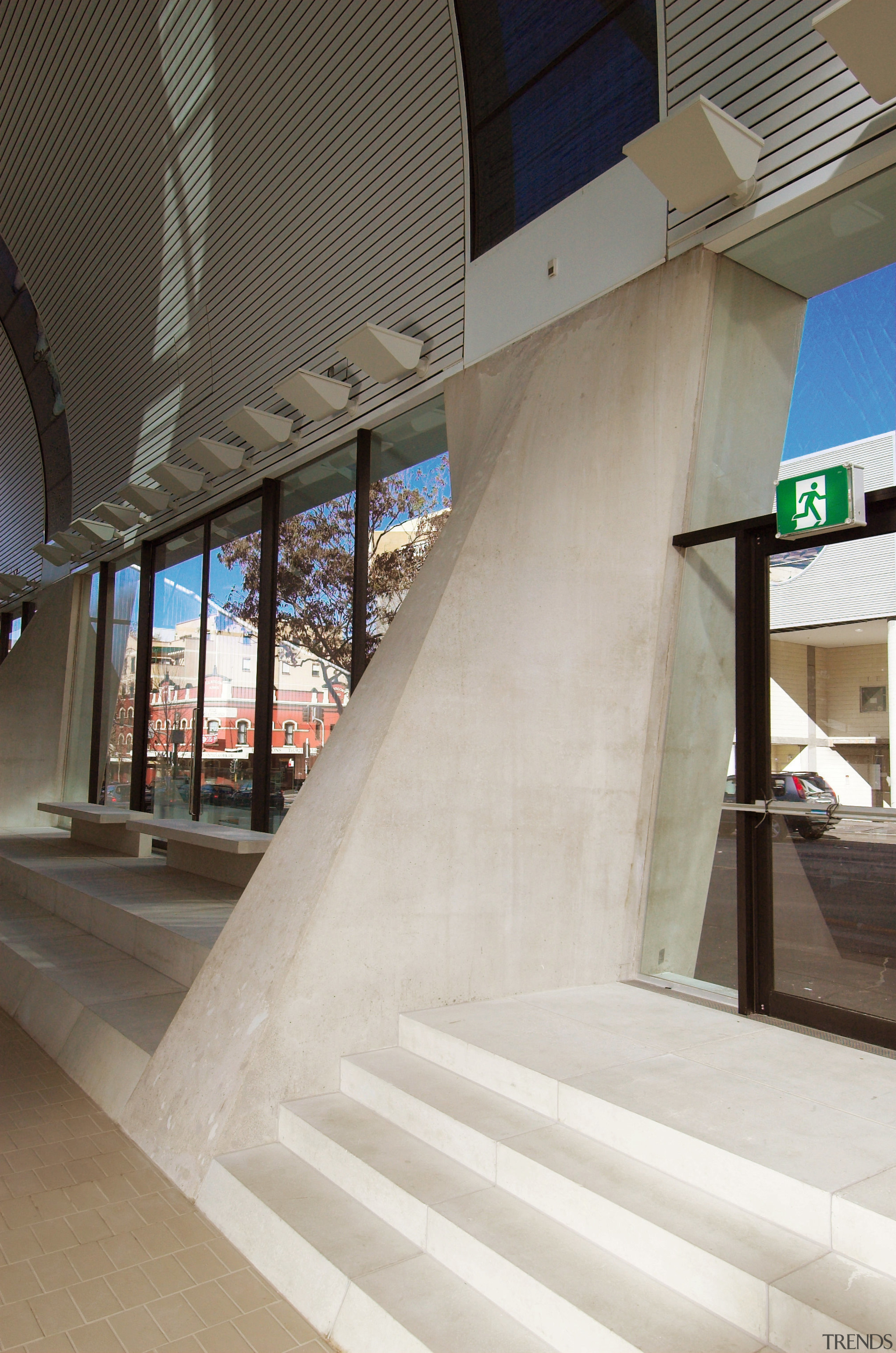 A view of the Interior of the Ian architecture, building, daylighting, glass, stairs, structure, gray