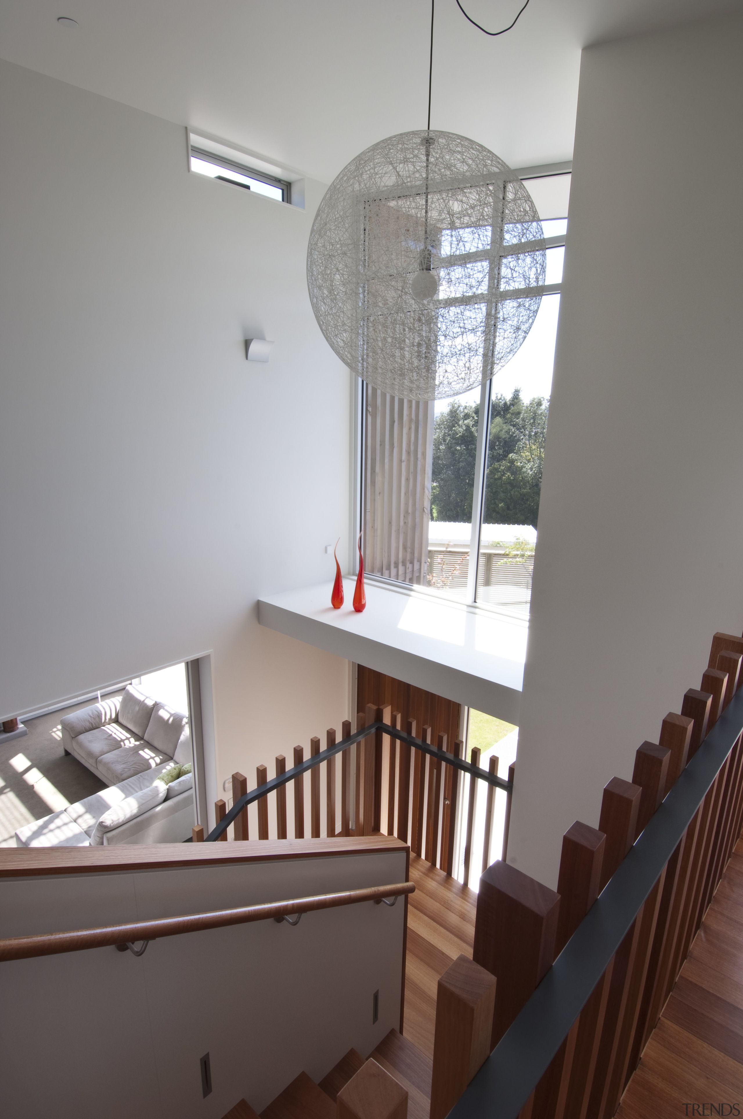 VIew of stairway in contemporary home. - VIew architecture, ceiling, daylighting, handrail, house, interior design, stairs, table, window, gray