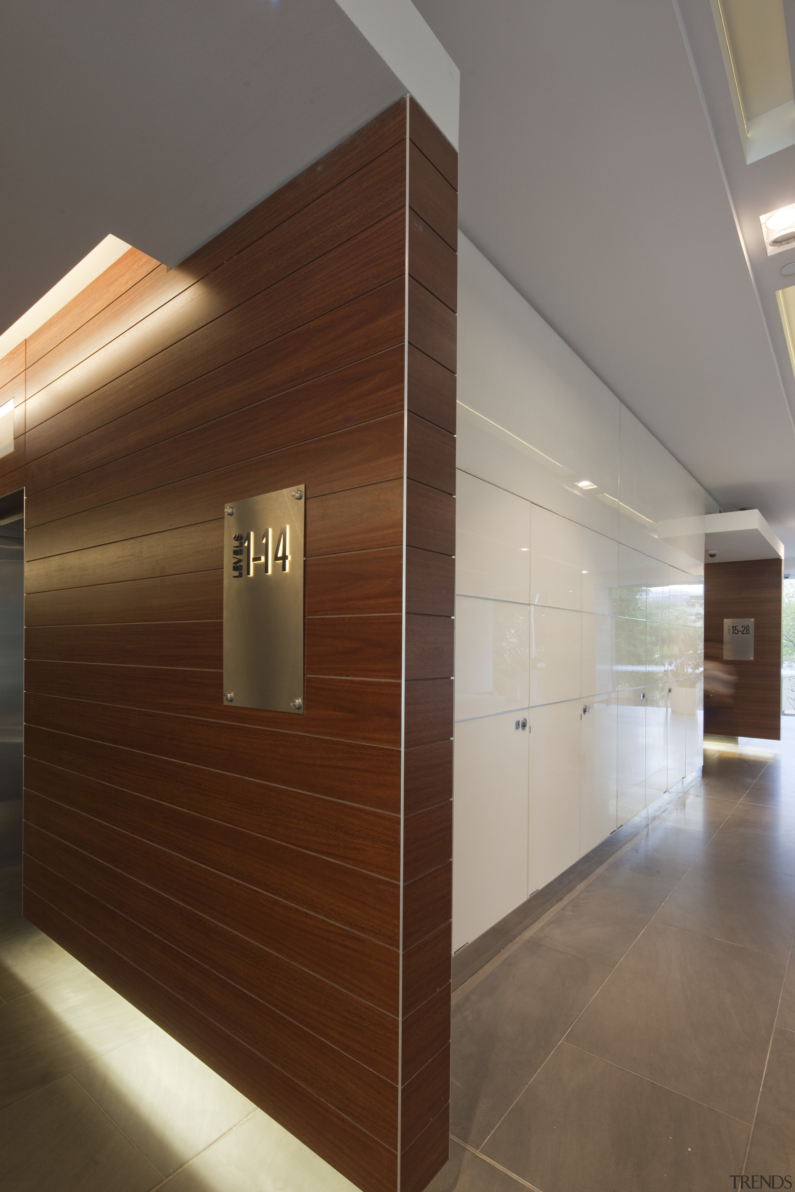 View of lobby space for 175 Liverpool Street architecture, ceiling, daylighting, floor, flooring, interior design, lobby, wall, wood, brown, gray