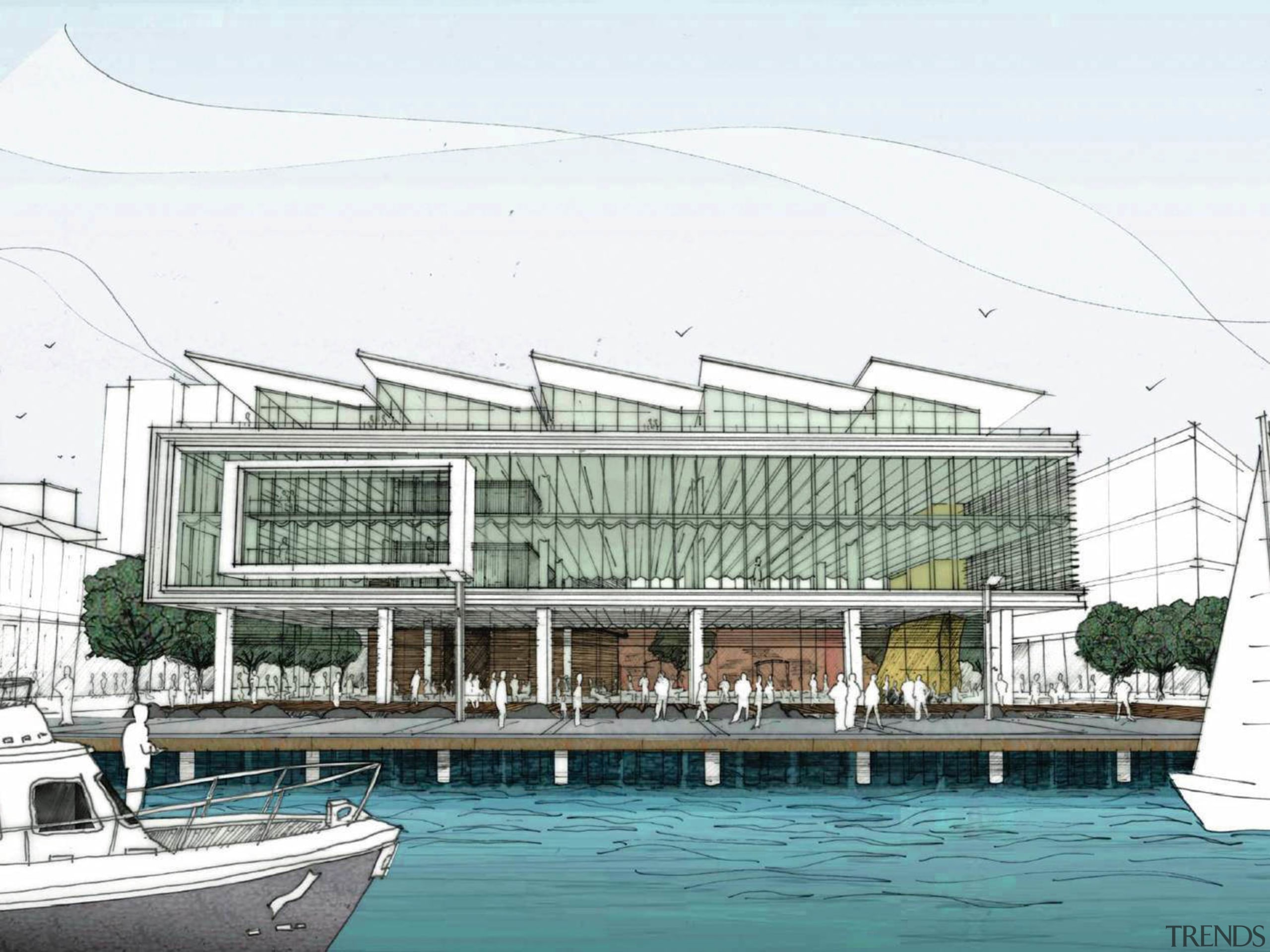 A view of a building built in conjunction building, condominium, corporate headquarters, marina, mixed use, water transportation, waterway, white