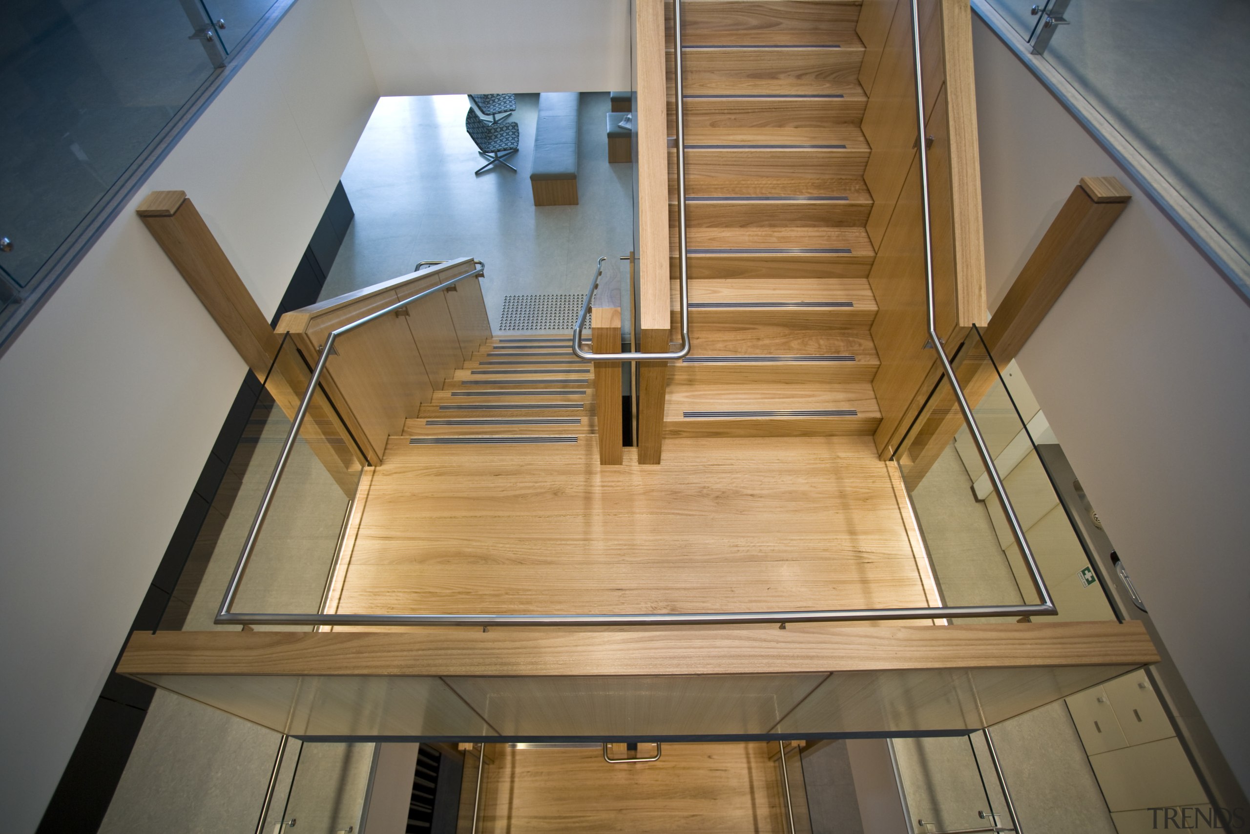 View of a custom designed staircase by Arden apartment, architecture, building, daylighting, floor, glass, handrail, hardwood, home, house, interior design, lighting, line, stairs, structure, wood, brown, gray