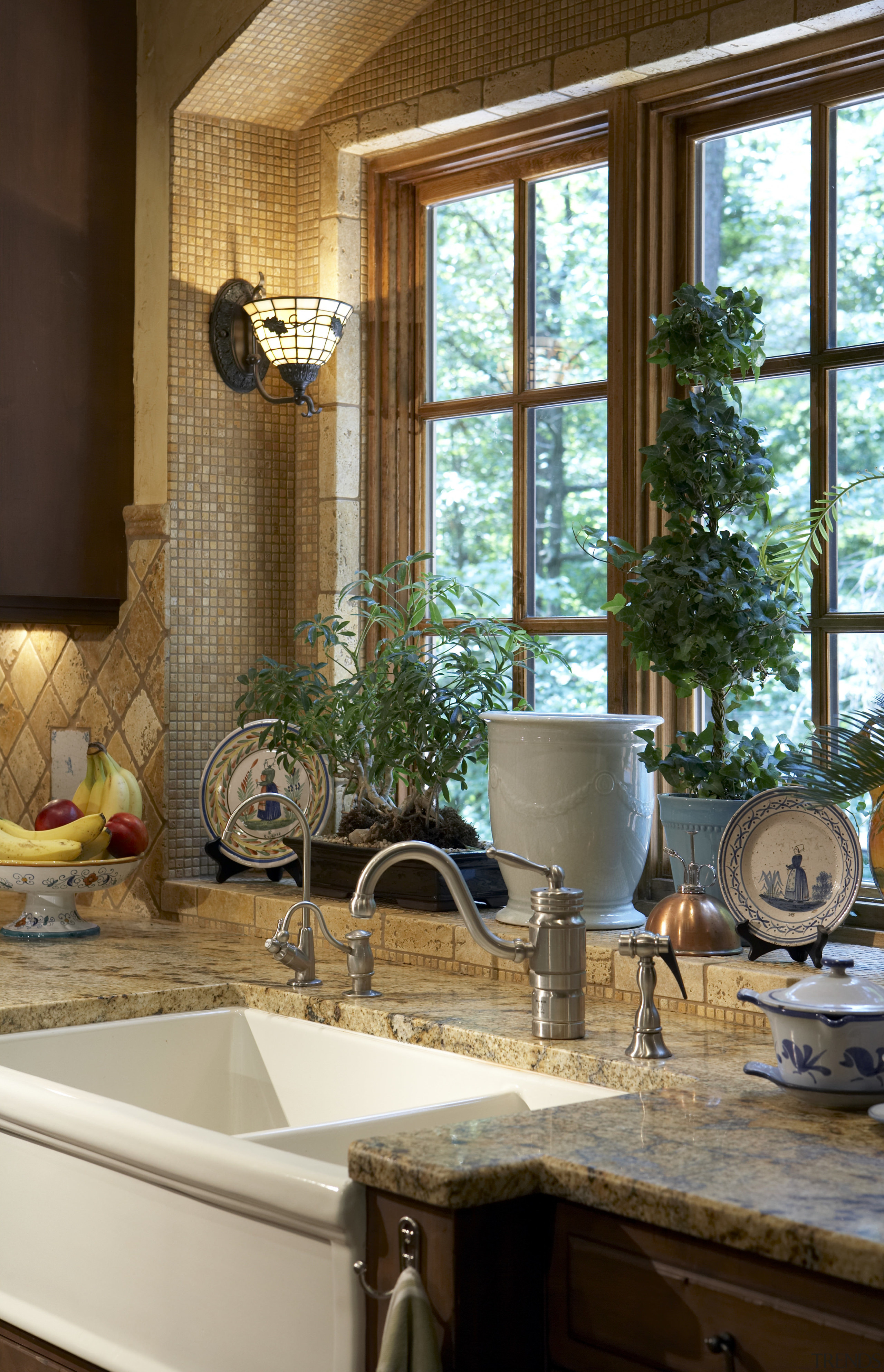 View of kitchen featuring cabinetry, granite countertops, sinks, bathroom, countertop, home, interior design, kitchen, room, window, brown