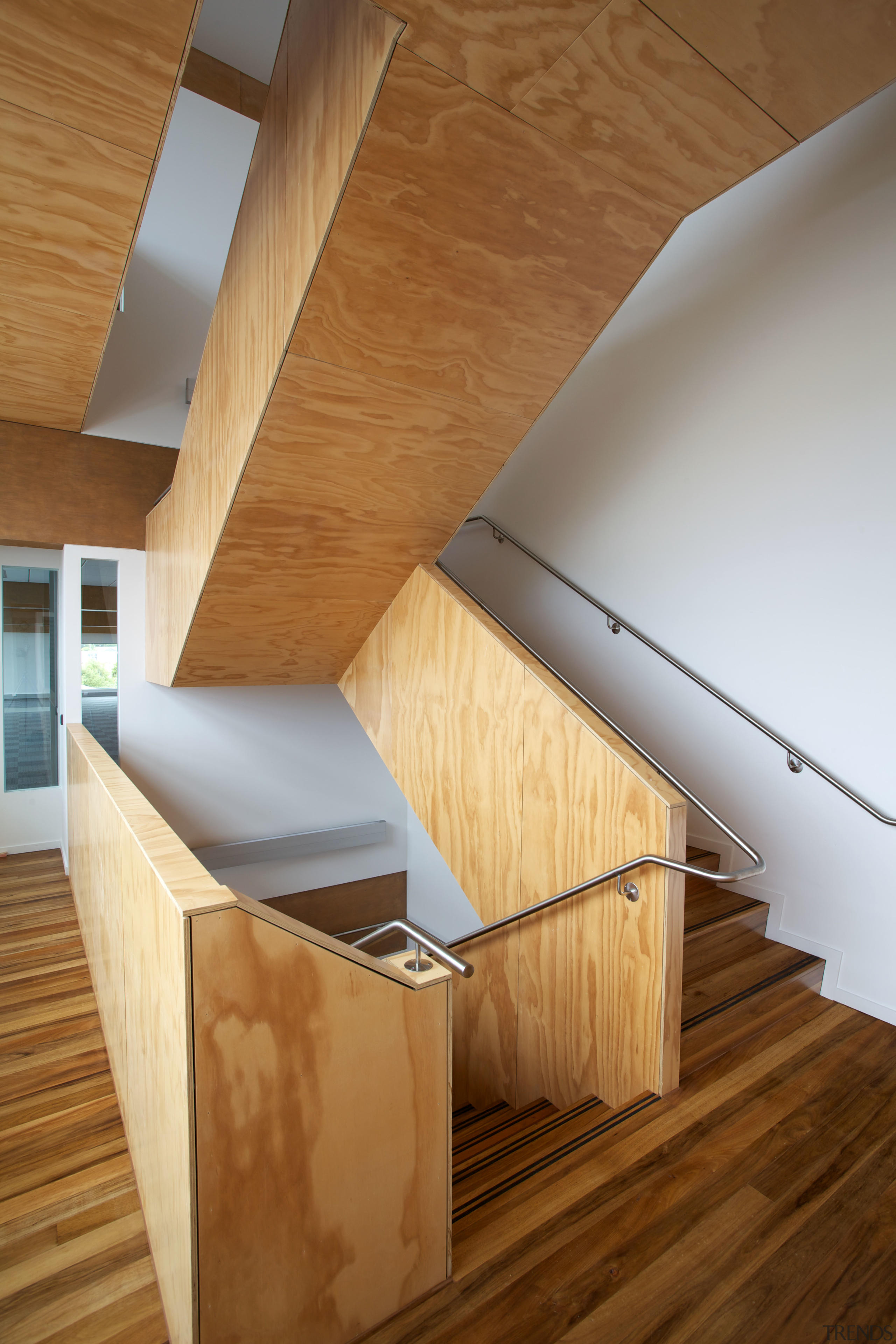 Plywood balustrading enhances the sculptural look of the architecture, daylighting, floor, handrail, hardwood, house, interior design, laminate flooring, loft, plywood, product design, stairs, wall, wood, wood flooring, brown