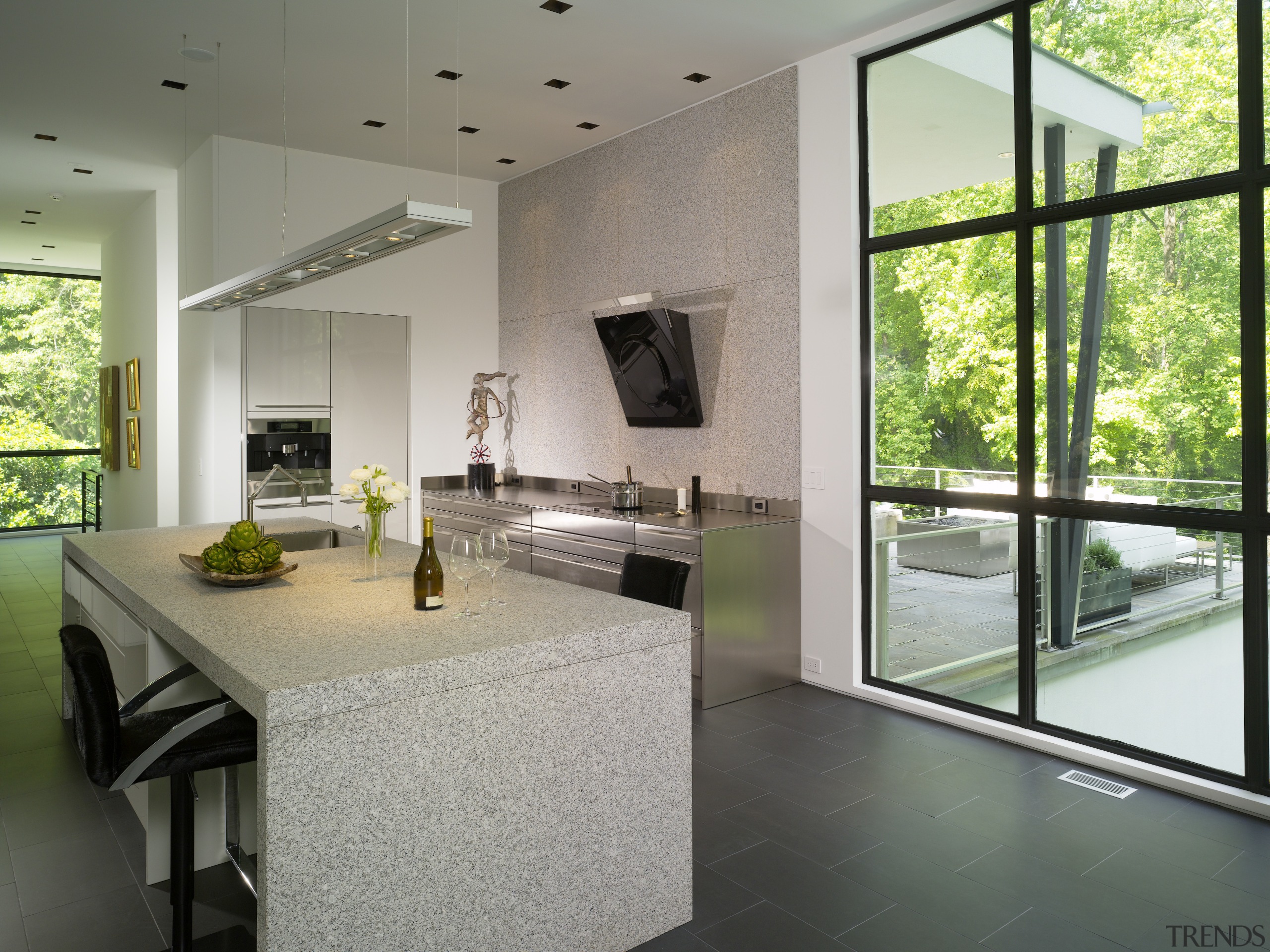 View of white kitchen. - View of white architecture, estate, floor, flooring, house, interior design, living room, property, real estate, window, gray