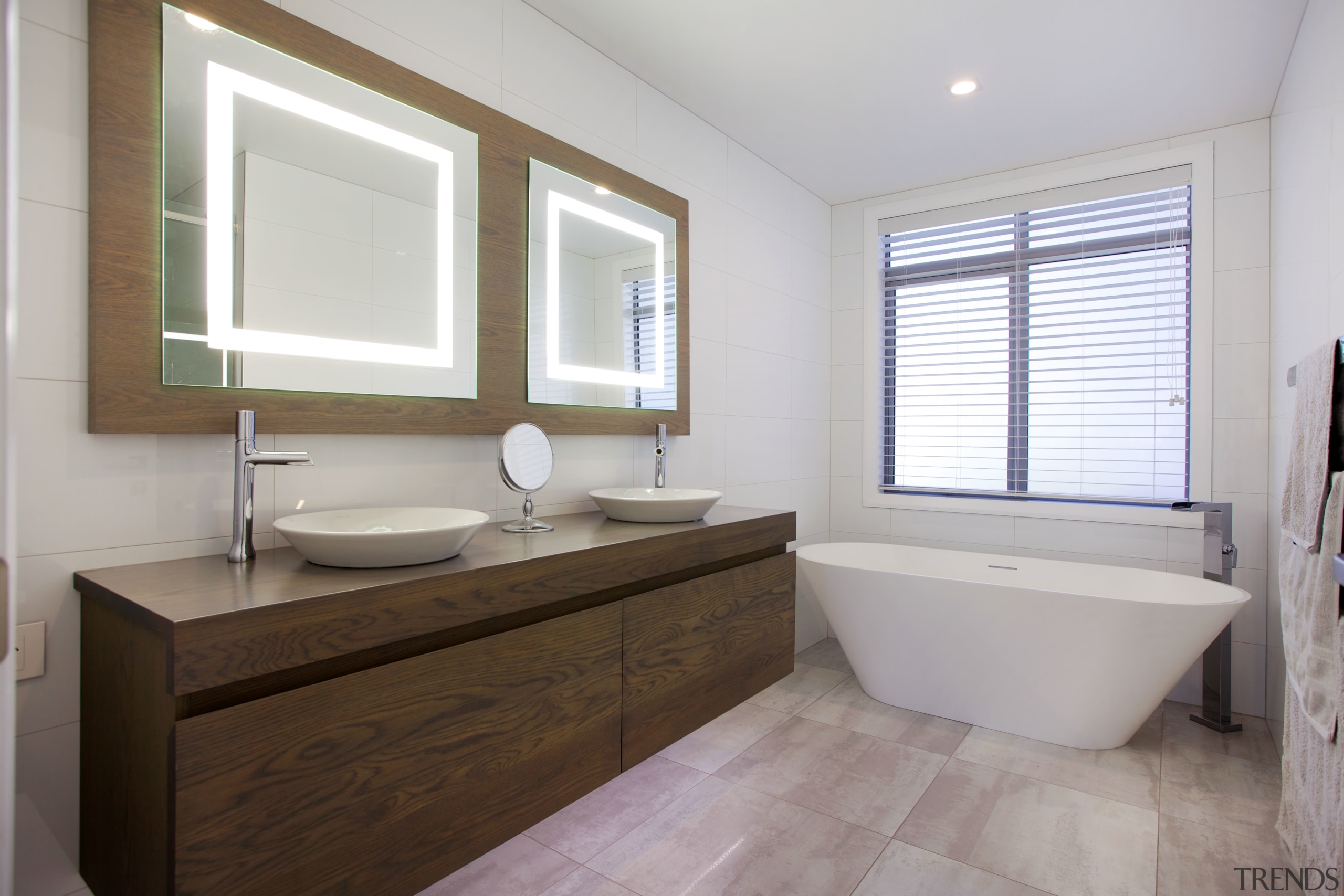 This bathroom by Mastercraft features a cantilevered timber bathroom, floor, home, interior design, property, real estate, room, sink, window, gray