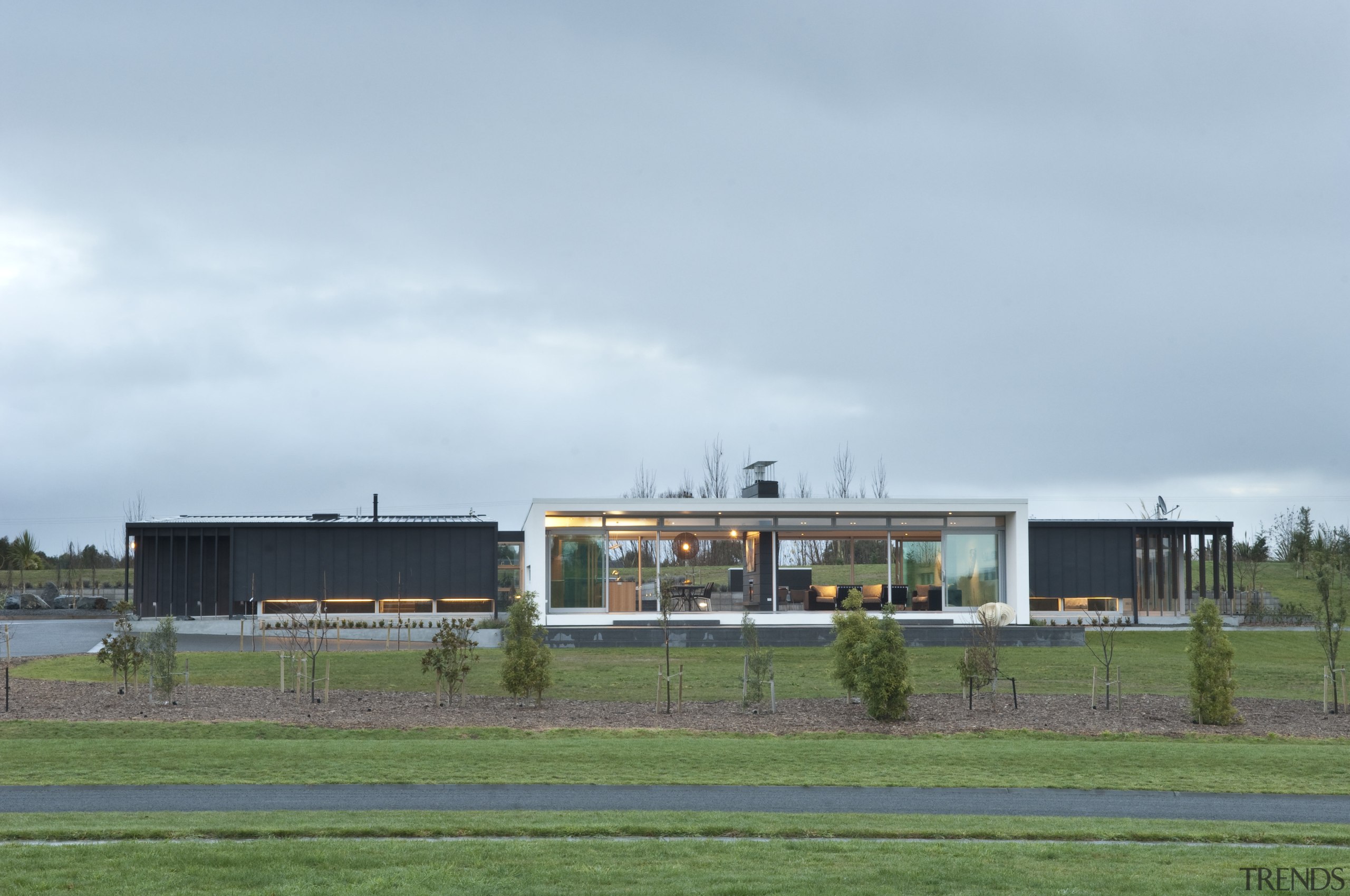 View of contemporary bach with terrace, sheltered courtyard architecture, cloud, home, house, land lot, real estate, rural area, sky, teal