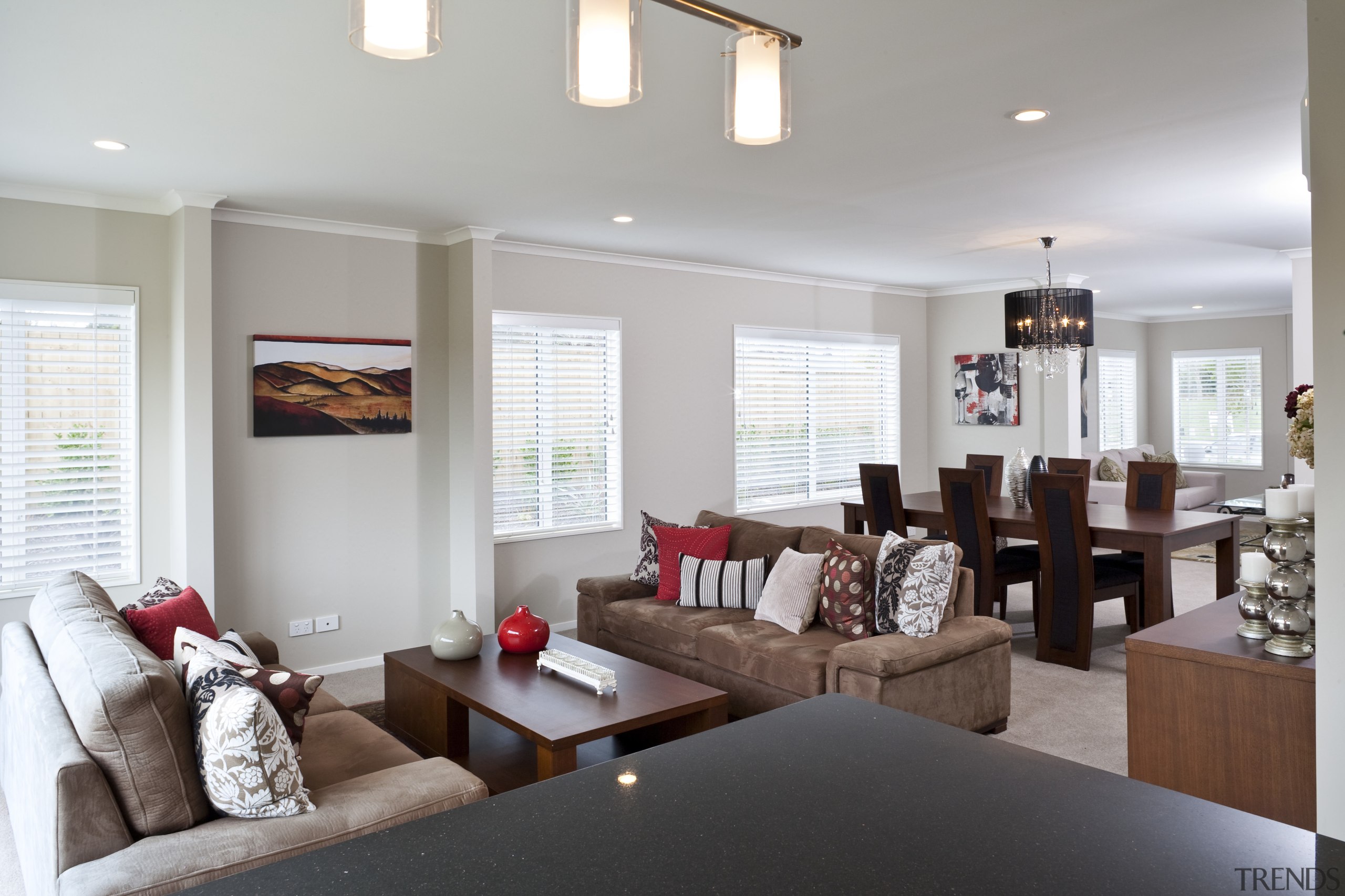 View of lounge and dining area featuring sofas, ceiling, home, interior design, living room, real estate, room, window, gray, white