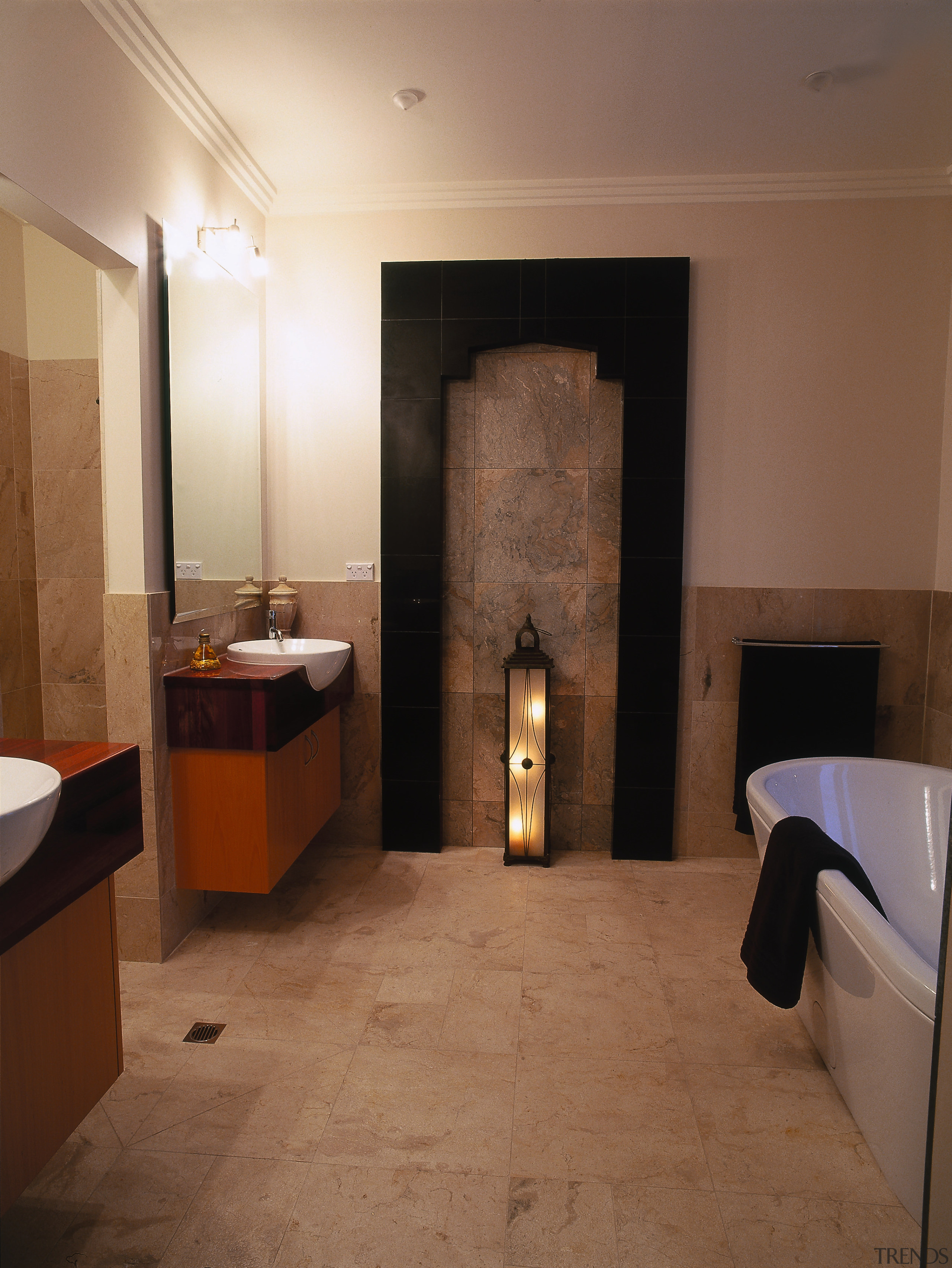 view of the bathroom featuring acid etched marble bathroom, ceiling, floor, flooring, interior design, lobby, room, tile, wall, brown