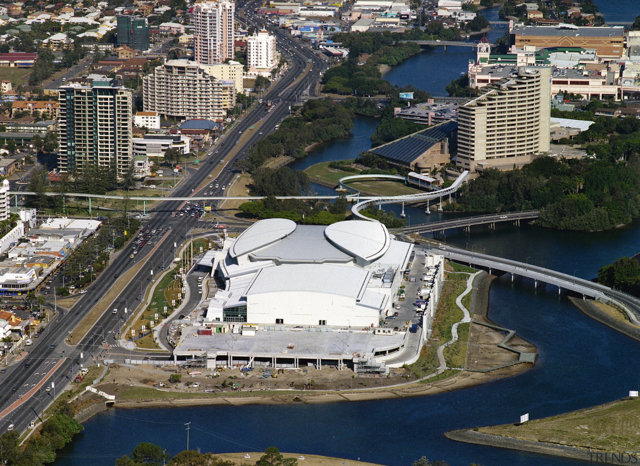 Aerial view of multi-purpose building, with water way aerial photography, bird's eye view, city, urban area, water, water resources, waterway