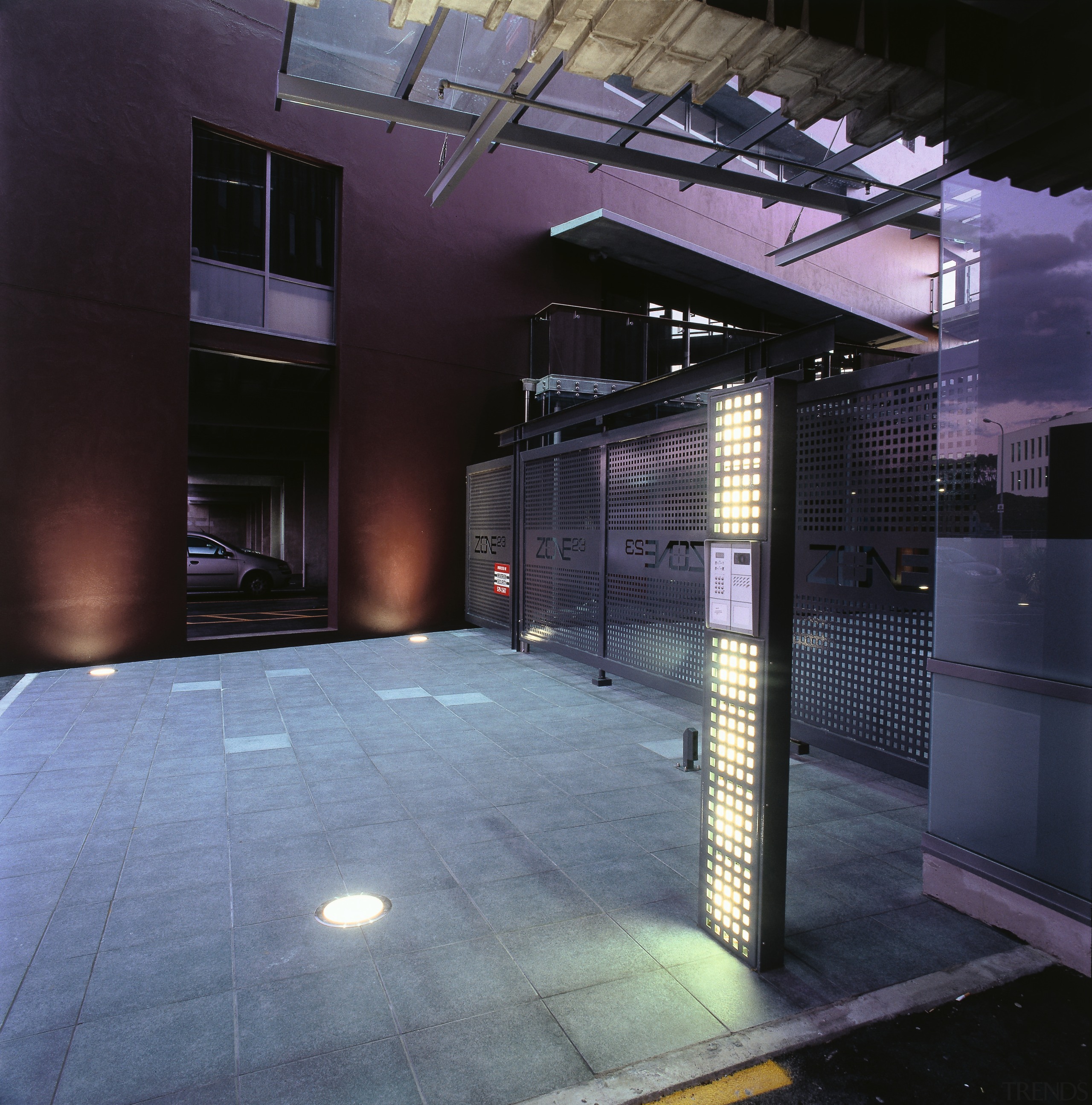 A view of the security systems used through architecture, darkness, daylighting, glass, light, lighting, night, structure, black, blue