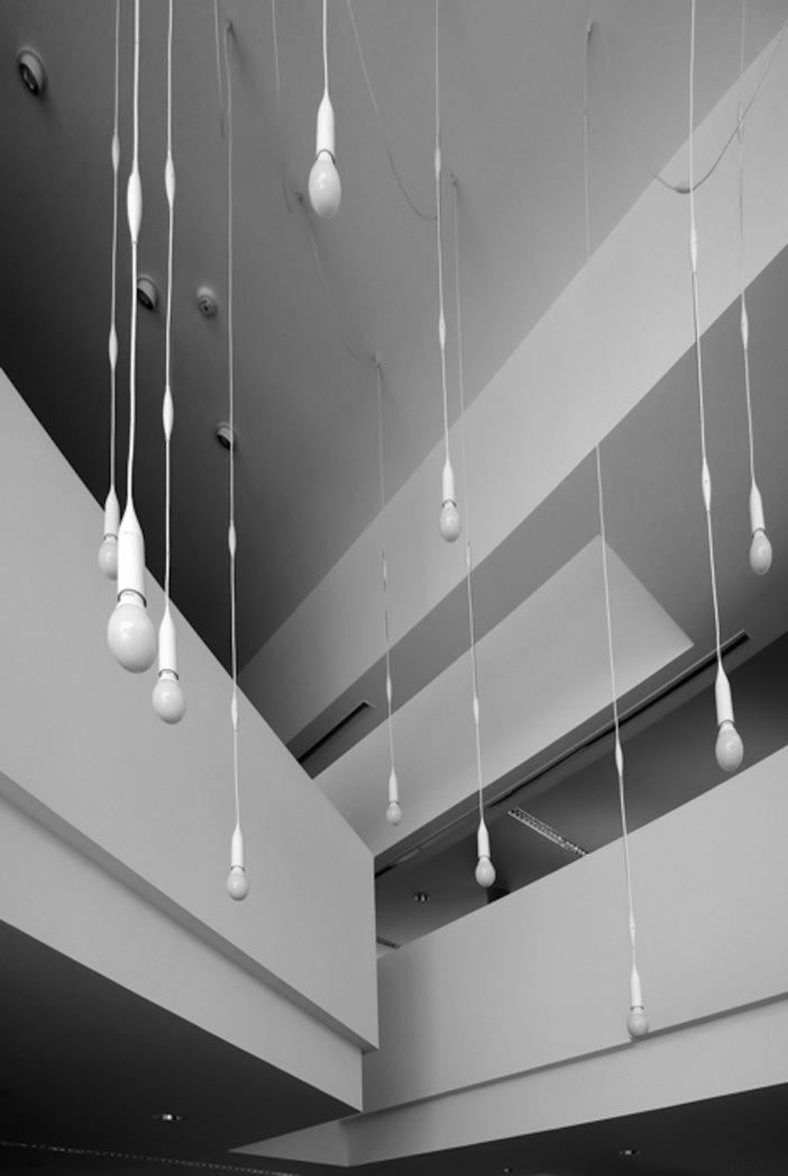 Library in Galicia, Spain - Library in Galicia, angle, architecture, black and white, ceiling, chandelier, daylighting, daytime, fluorescent lamp, light, light fixture, lighting, line, monochrome, monochrome photography, product design, gray