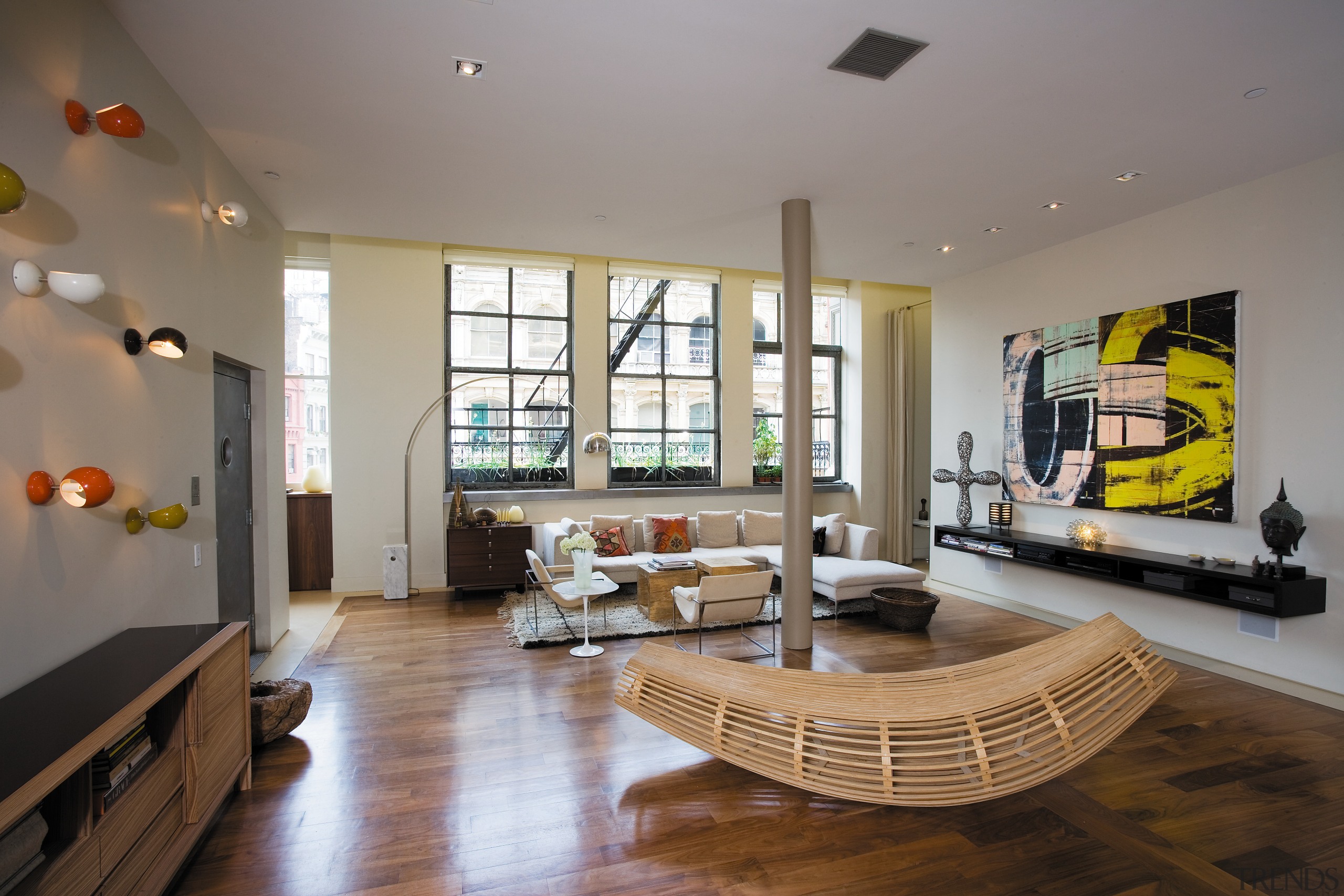 A view of the living area, wooden flooring ceiling, floor, interior design, living room, loft, real estate, room, table, gray, brown