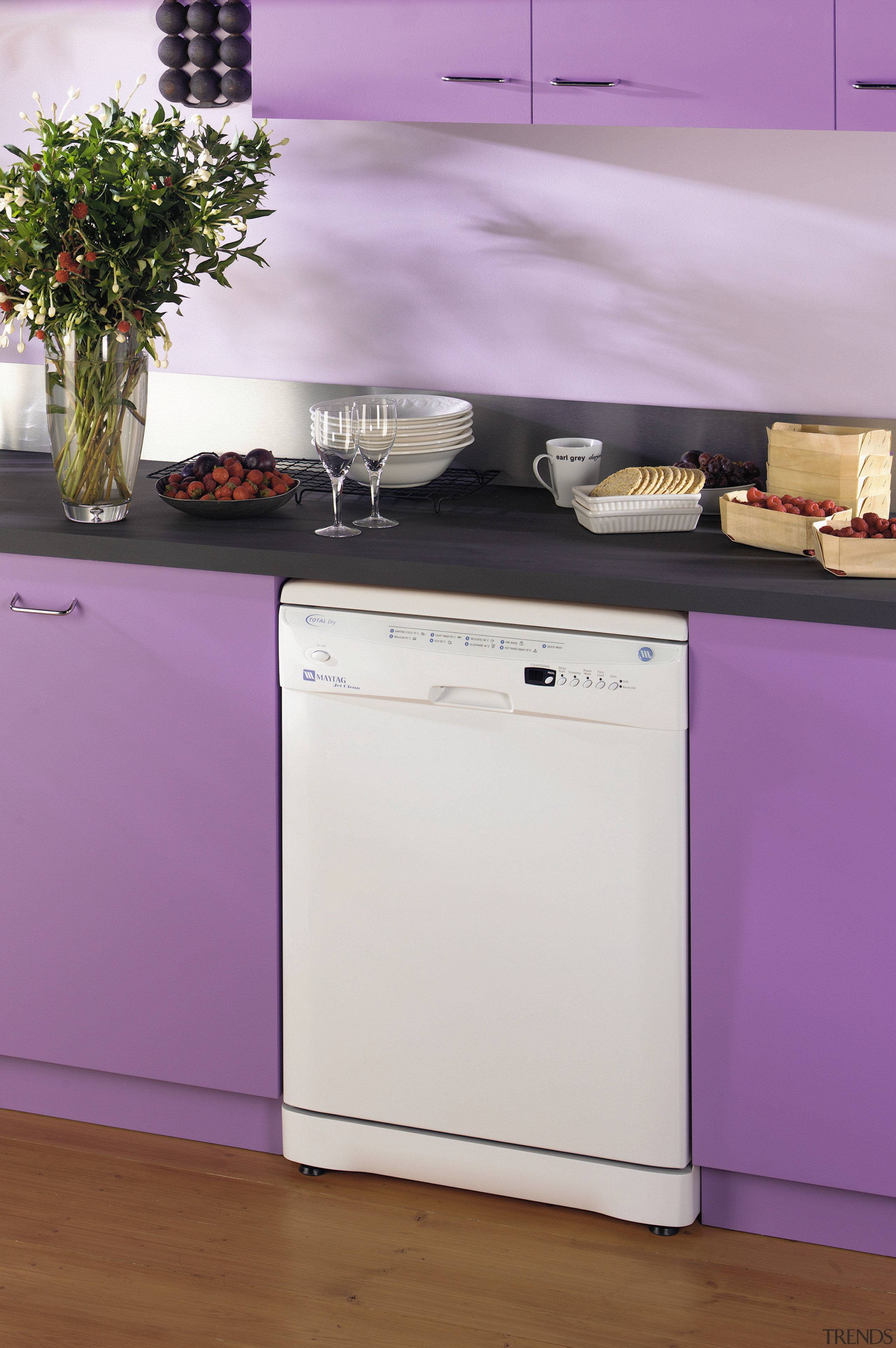 Kitchen with purple coloured cabinetry, and white coloured furniture, home appliance, kitchen, kitchen appliance, kitchen stove, major appliance, pink, product design, purple, purple