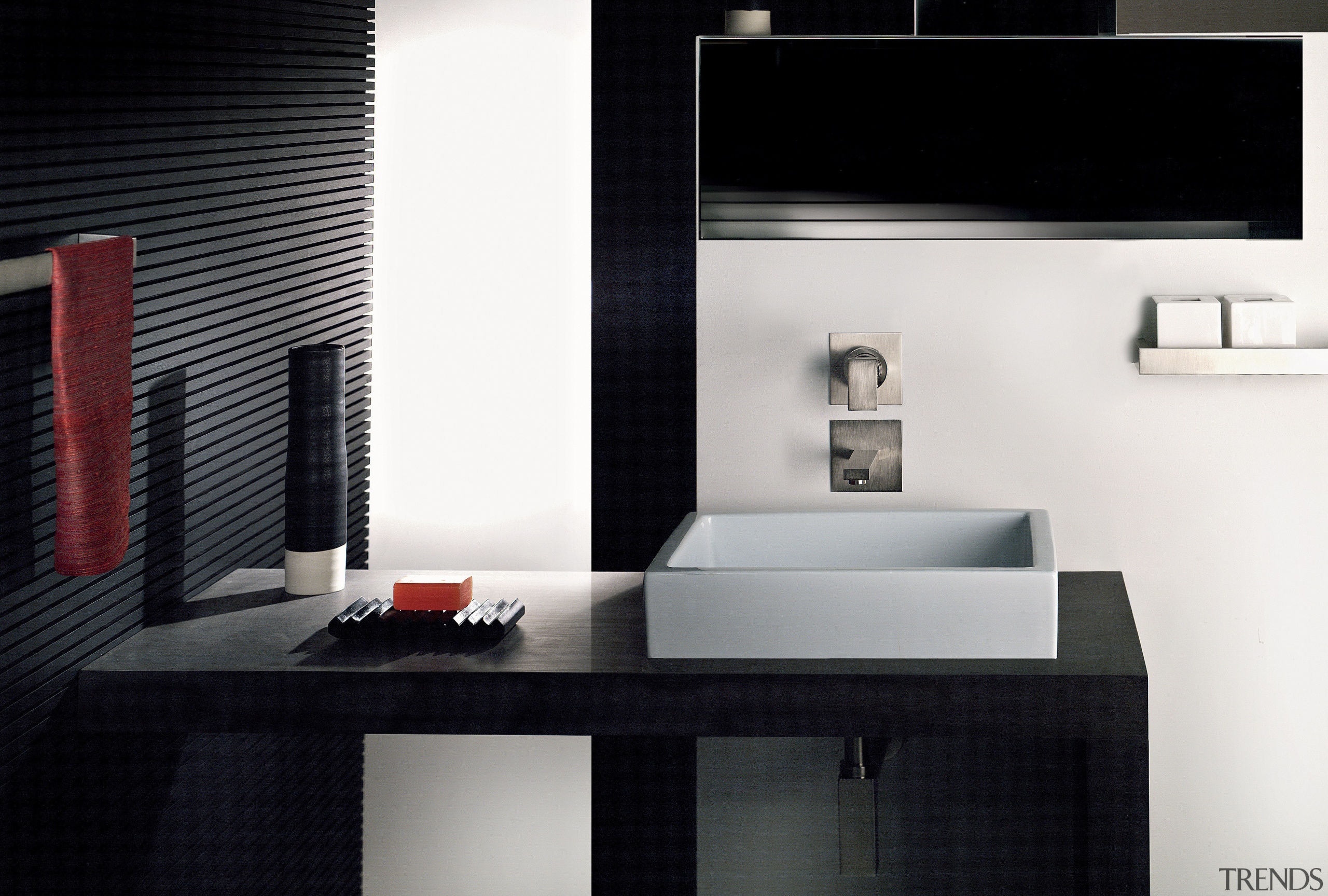 The Rettangolo faucet, created for Gessi by Prospero bathroom, bathroom accessory, interior design, product design, room, sink, tap, black, white