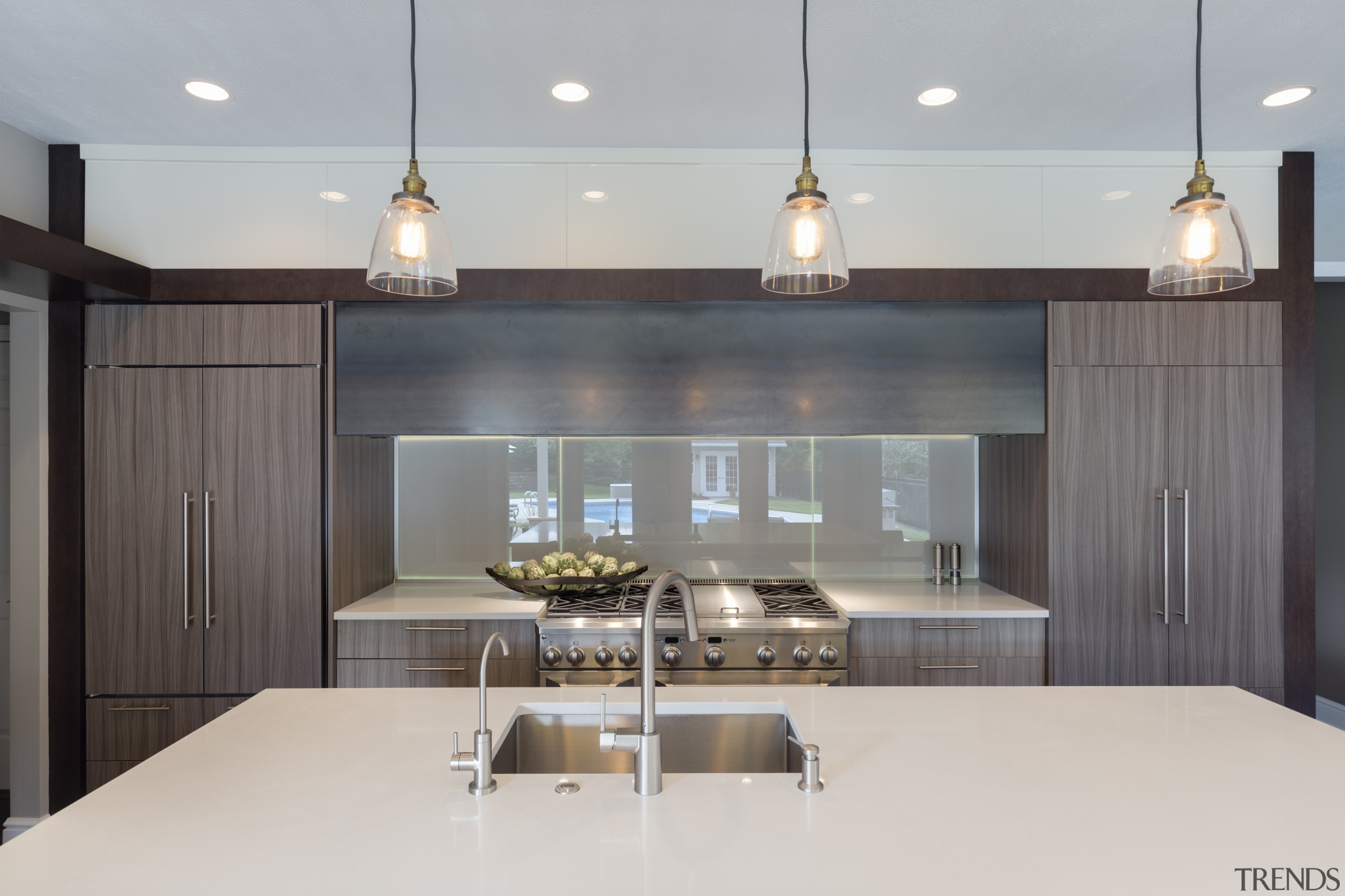 At night, the designer lighting and embedded LEDs architecture, interior design, kitchen, light fixture, lighting, product design, gray