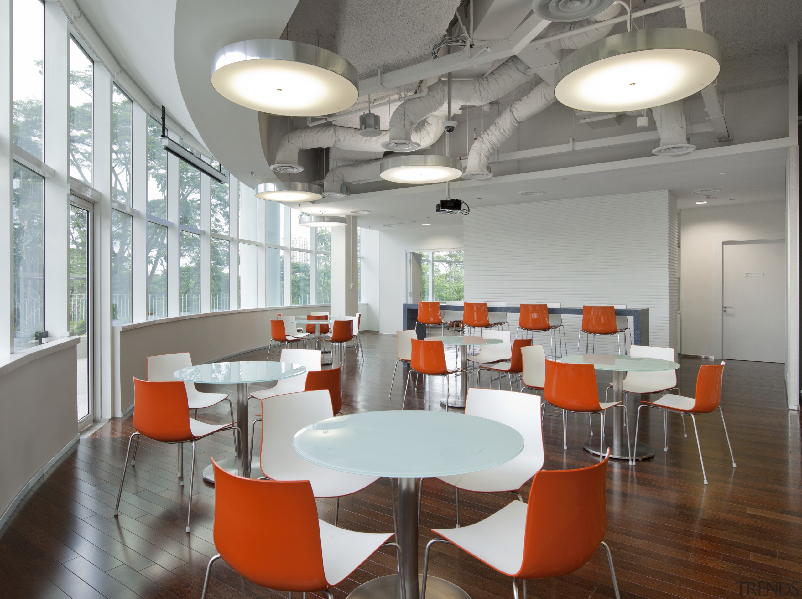 View of the Solaris building with AutoDesk fit-out, architecture, café, cafeteria, ceiling, chair, conference hall, daylighting, furniture, interior design, office, product design, table, gray, white