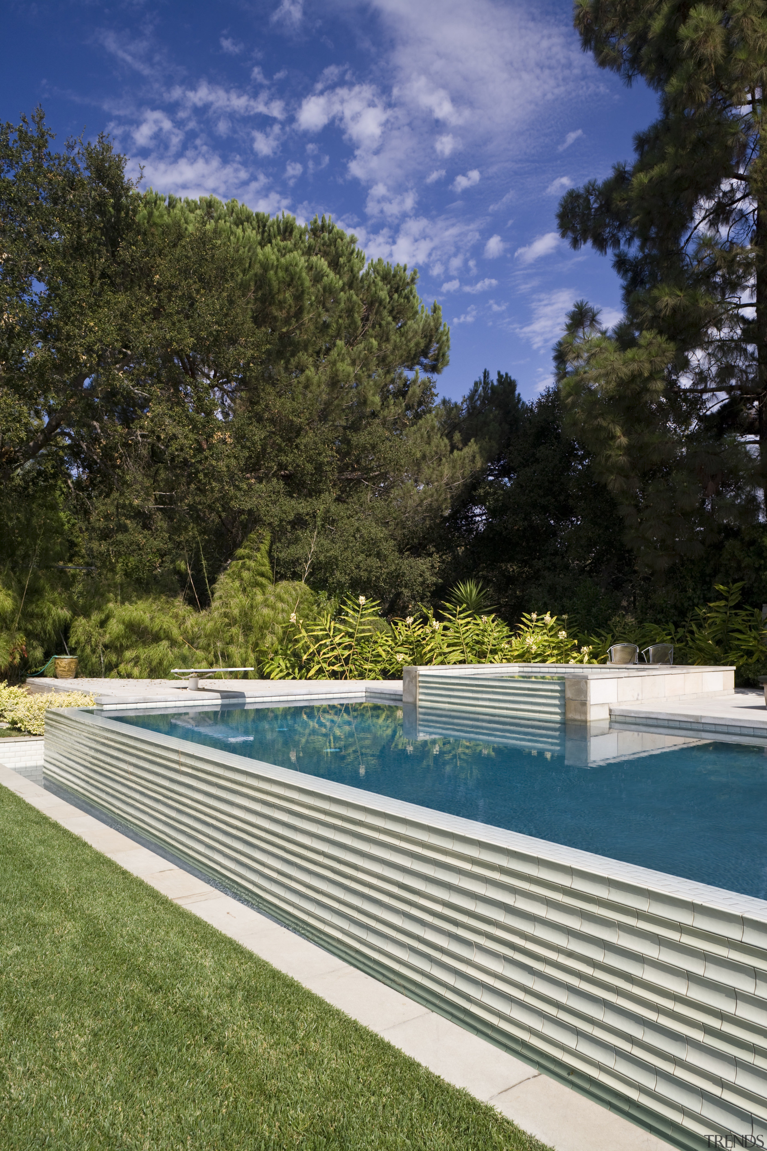 View of the pool, landscaping, paving. - View architecture, backyard, estate, house, landscape, leisure, outdoor structure, property, real estate, sky, swimming pool, tree, villa, water, brown